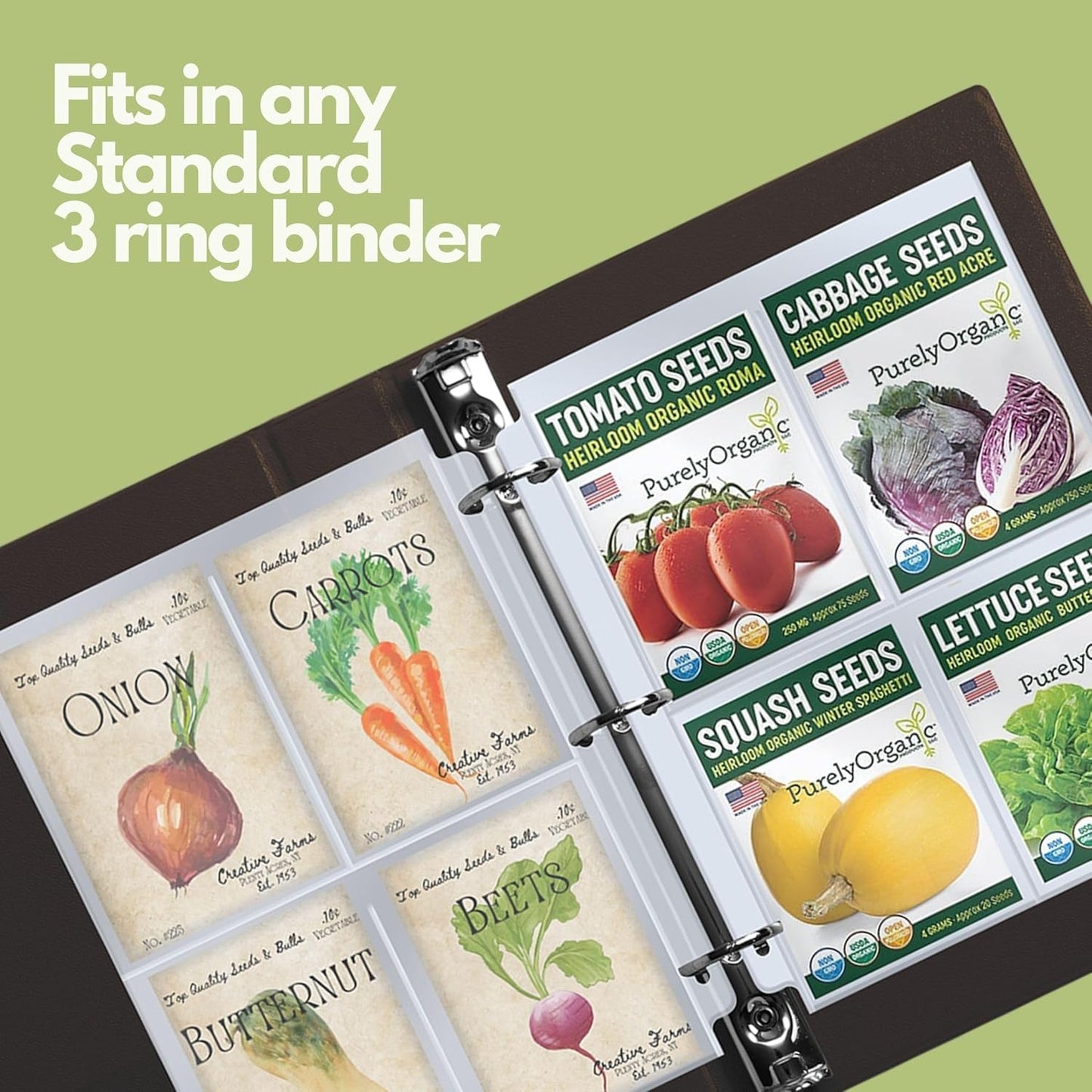 Performore 200 Pockets Seed Storage Organizer Sleeves (3.5" x 5.25") – top Loading 4 Pocket Garden Seed Organizer Fits Standard 3-Ring Binders – for Seed Packets, Coupons, Photos, and Cards – 25 Pack