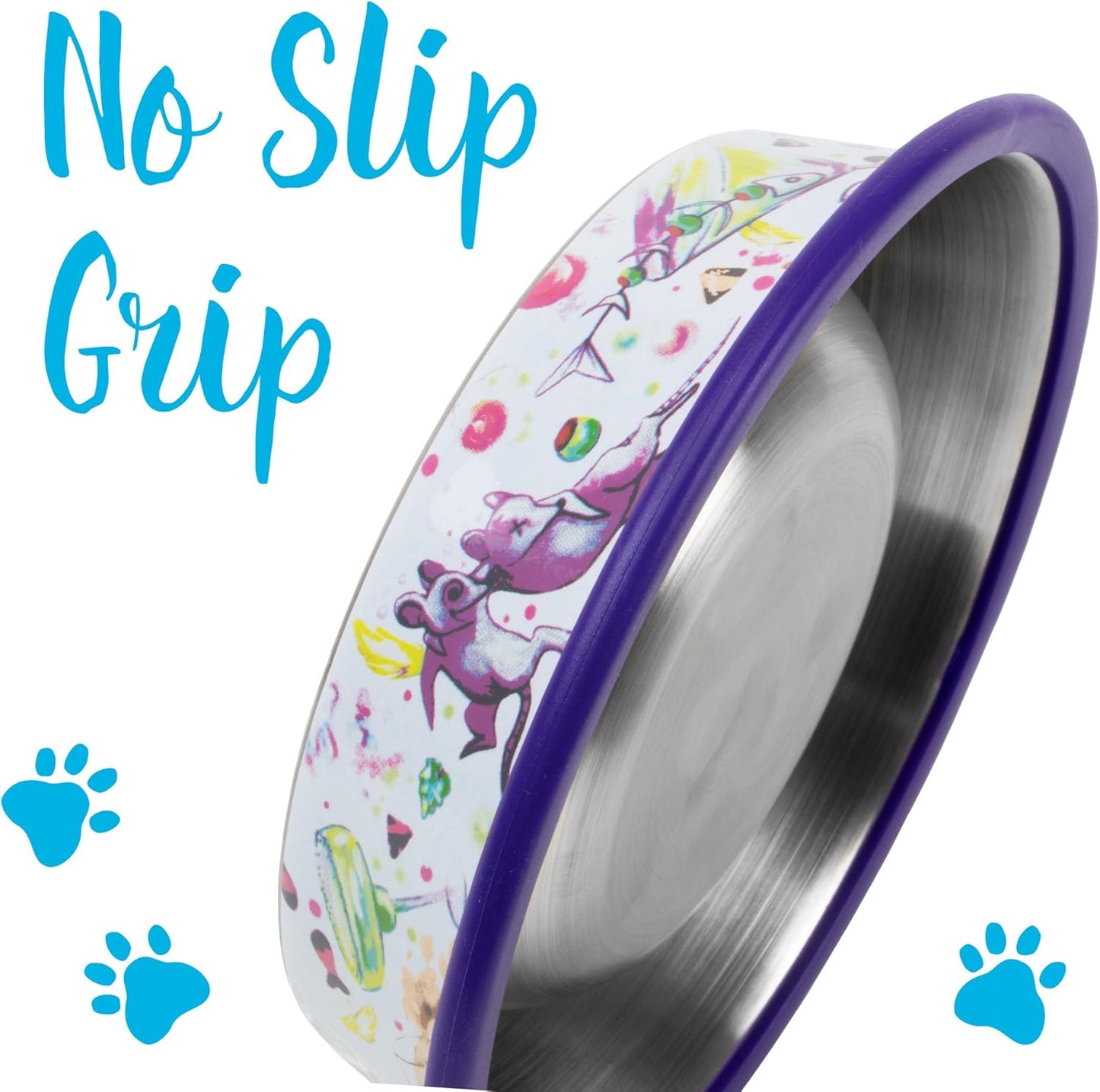 Weebo Pets 3-in-1 Cat Food & Water Bowls with Mat Set - Cat Tales: The Regulars Premium 4 oz. Stainless Steel Dishes with Food-Grade Silicone Feeding/Litter Box Mat