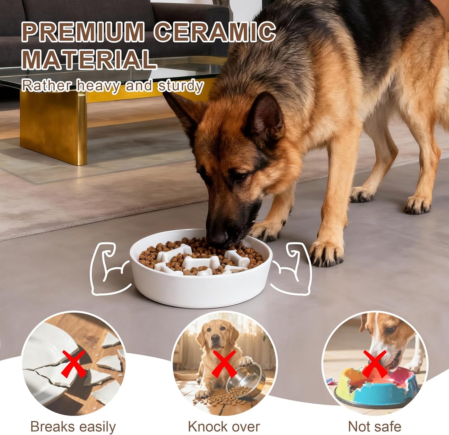 Ceramic Slow Feeder Dog Bowl, 1.5 Cup Dog Food or 20oz Water, Slow Eating Bowl for Small Breed, Maze Puzzle Feeder for Fast Eaters, Anti-Choking Stop Bloat, Non-Slip BPA Free (White Bone)