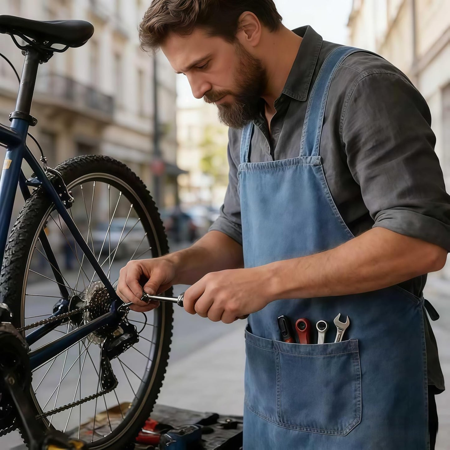 Denim Work Apron with Pockets, No-Tie Slip-On Design, Durable Breathable Soft Jean Fabric, Barista Apron for Men Women, Coffee Shop, Kitchen Cooking, BBQ, Gardening, Craft, Workshop Utility Apron