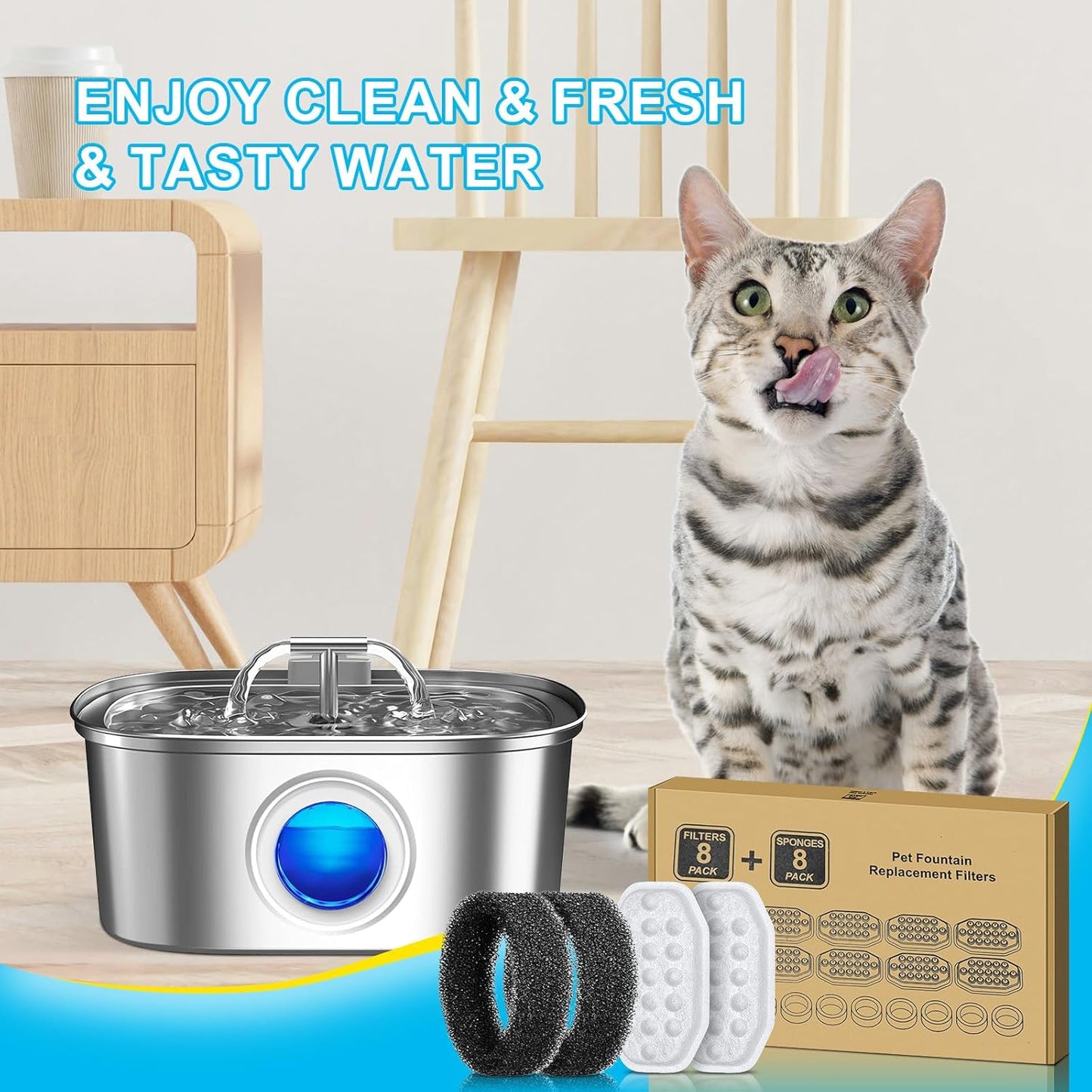 16 Pack Cat Water Fountain Filters Replacement & Pre-Filter Sponges for 108oz/3.2 Stainless Steel Pet Water Fountain with Water Level Window