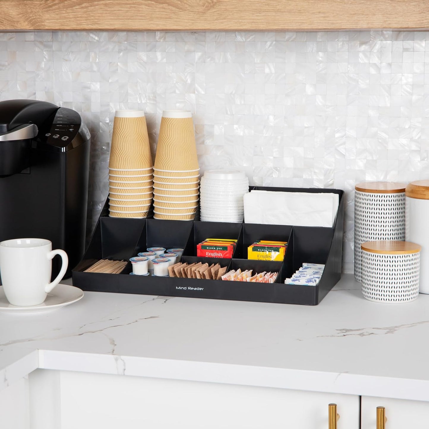 Mind Reader Cup and Condiment Station, Countertop Organizer, Coffee Bar, Kitchen, Stirrers, 17.875"L x 9.5"W x 6.625"H, Black
