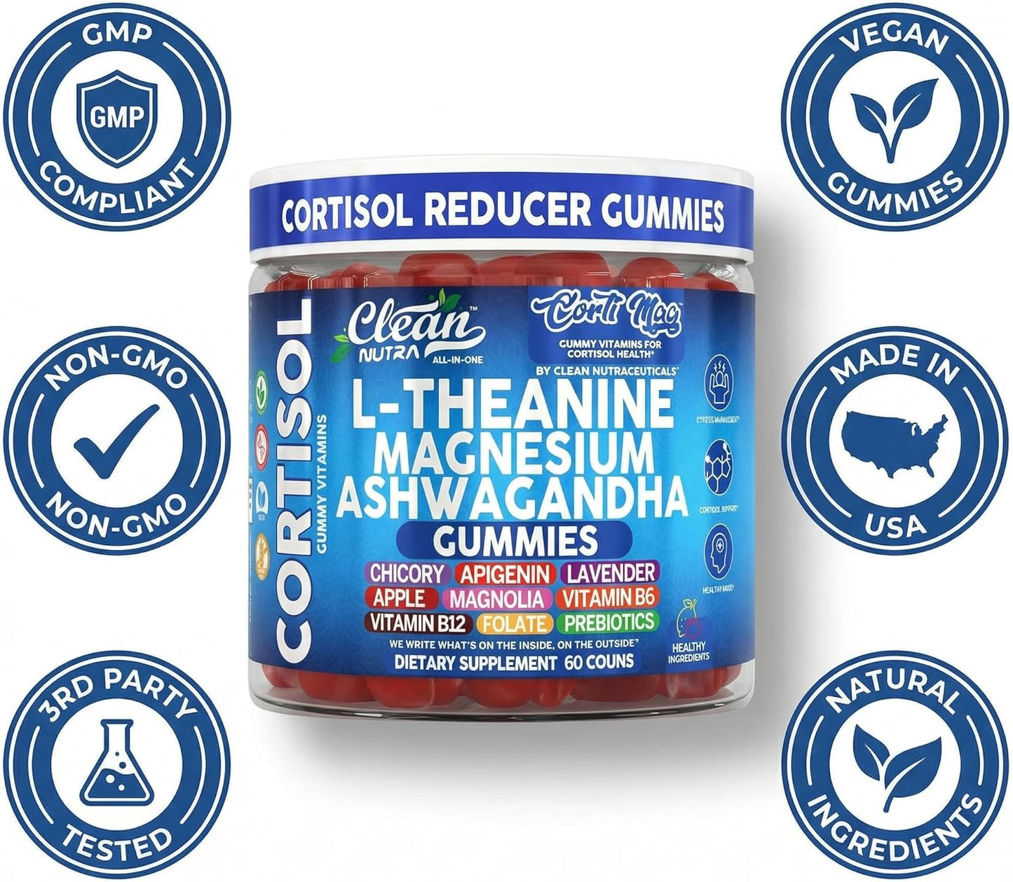Clean Nutra Cortisol Supplement Gummies L-Theanine Magnesium Ashwagandha Apigenin Vitamin B6 Sleep and Calm Support Lavender Chicory Prebiotic Advanced Gummy Formula