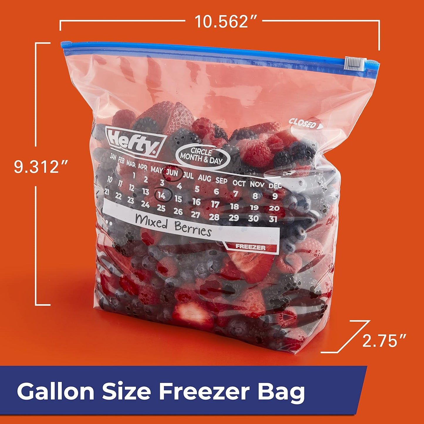 Hefty Calendar Slider Gallon Freezer Bags, 25 Count (Pack of 4), Gallon Slider Bags for Freezer with Calendar Dates, Holds Raw Meat, Soups, Fruits and Veggies, and More, Secure Zip and Click Closure