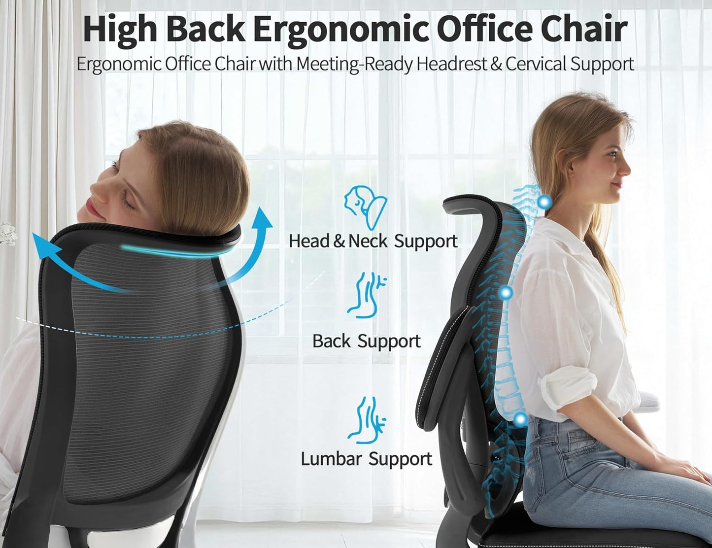TRALT Ergonomic Office Chair - Desk Chair with Wave High Back Adjustable Lumbar Support Computer Chair - Gaming Chairs Mesh Backrest and PU Leather Seat for Home Reading Chairs to Adults(Black)