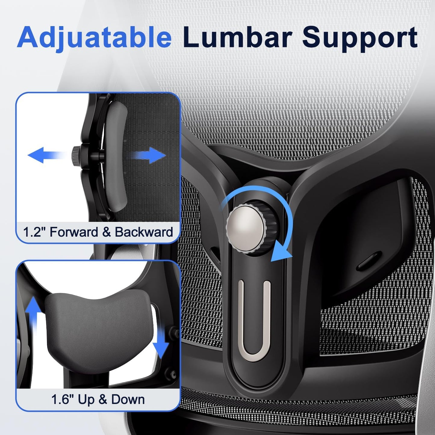 Ergonomic Office Chair, Mesh Seat Cushion with 3D Armrests and 3D Headrest, Adjustable Lumbar Support with 90-120° Rocking Function, Black