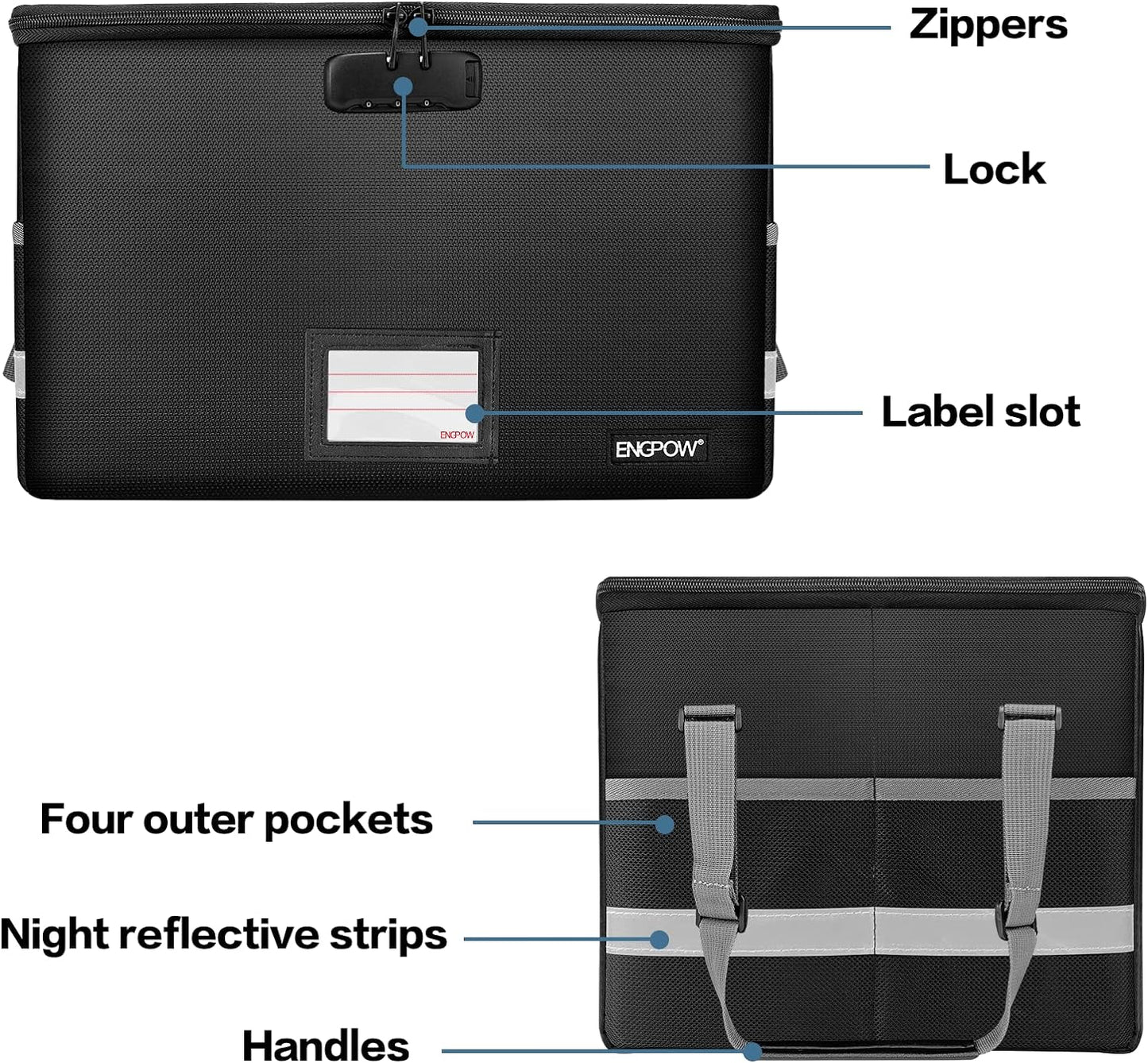 ENGPOW File Box with Lock,Fireproof Document Box with Zipper＆Pockets,Collapsible File Organizer Filing Storage Cabinet with Handle,Portable Home Office Safe for Hanging Letter/Legal Folder,Black