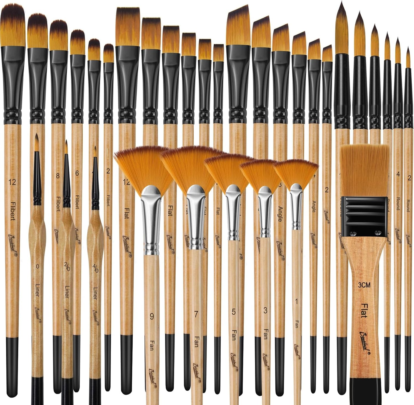 Bougimal 33 Pcs Paint Brush Set, Artist Paint Brushes for Acrylic Painting, Oil, Watercolor, Gouache, with Flat Round Filbert Fan Angle Detail Brush, Suitable for Artists and Beginners