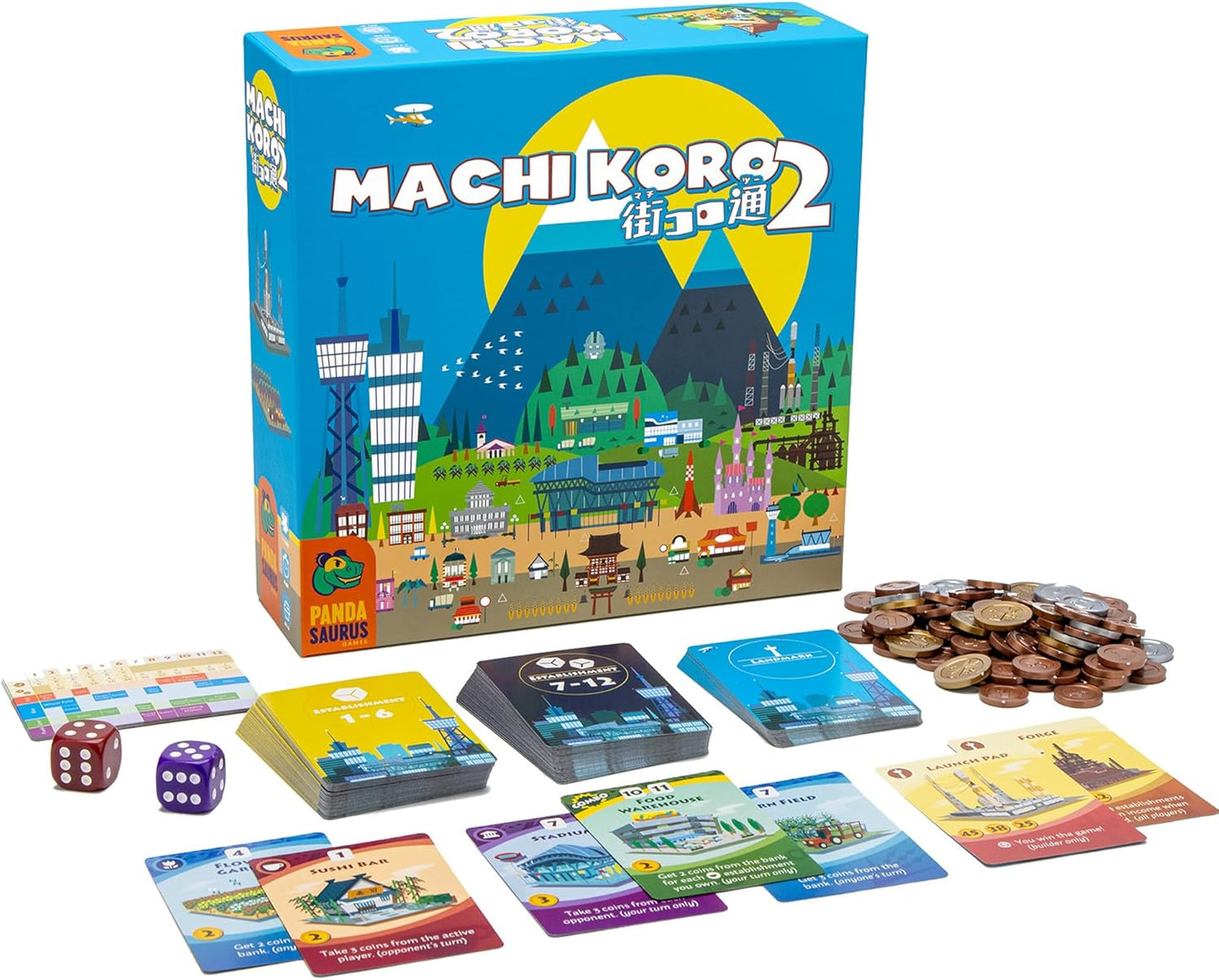 Machi Koro 2 Board Game - New Adventures Await in Your Quirky City! Fast-Paced Dice Rolling Strategy Game for Kids and Adults, Ages 10+, 2-5 Players, 45 Minute Playtime, Made by Pandasaurus Games