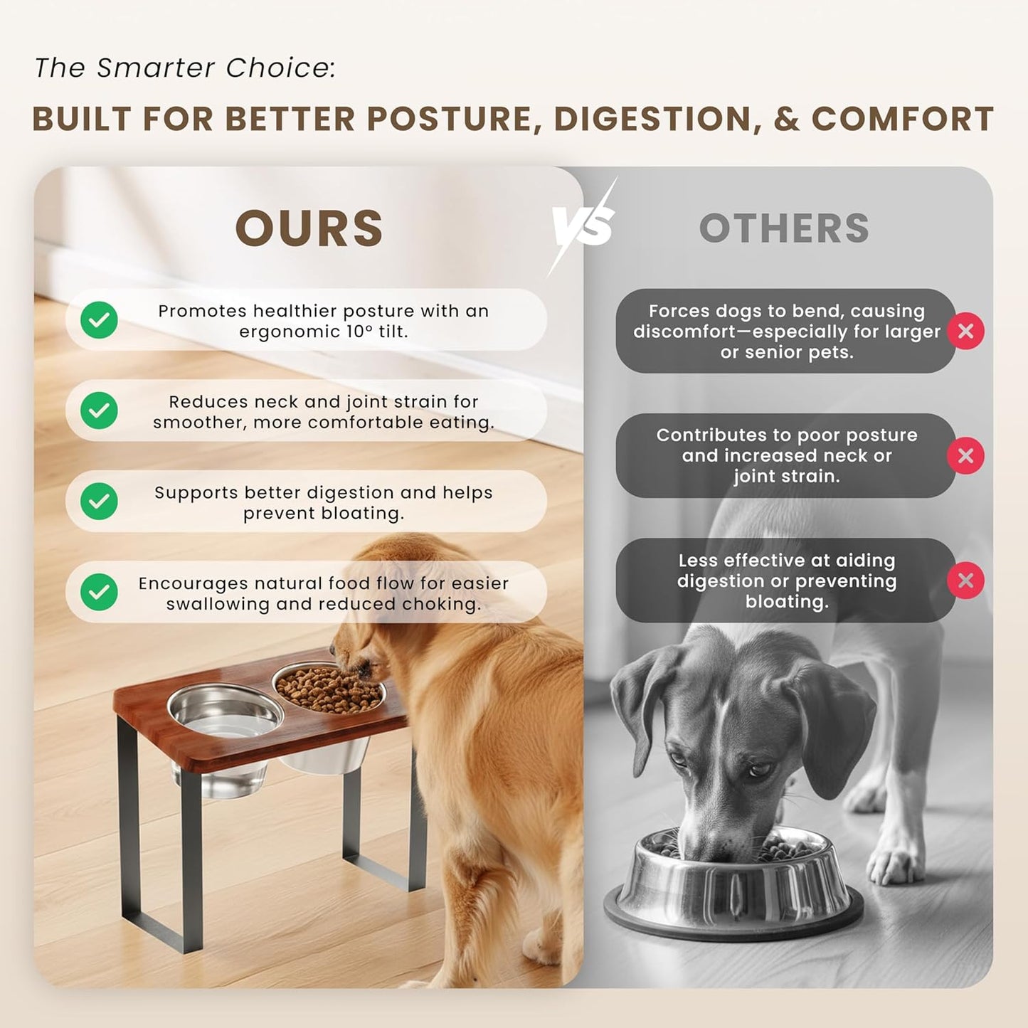4.7" Tall Elevated Dog Bowls - Ergonomic Stainless Steel Dog Bowls with 10° Tilt in Bamboo Wood Stand for Puppies, Small, and Short-Legged Breed