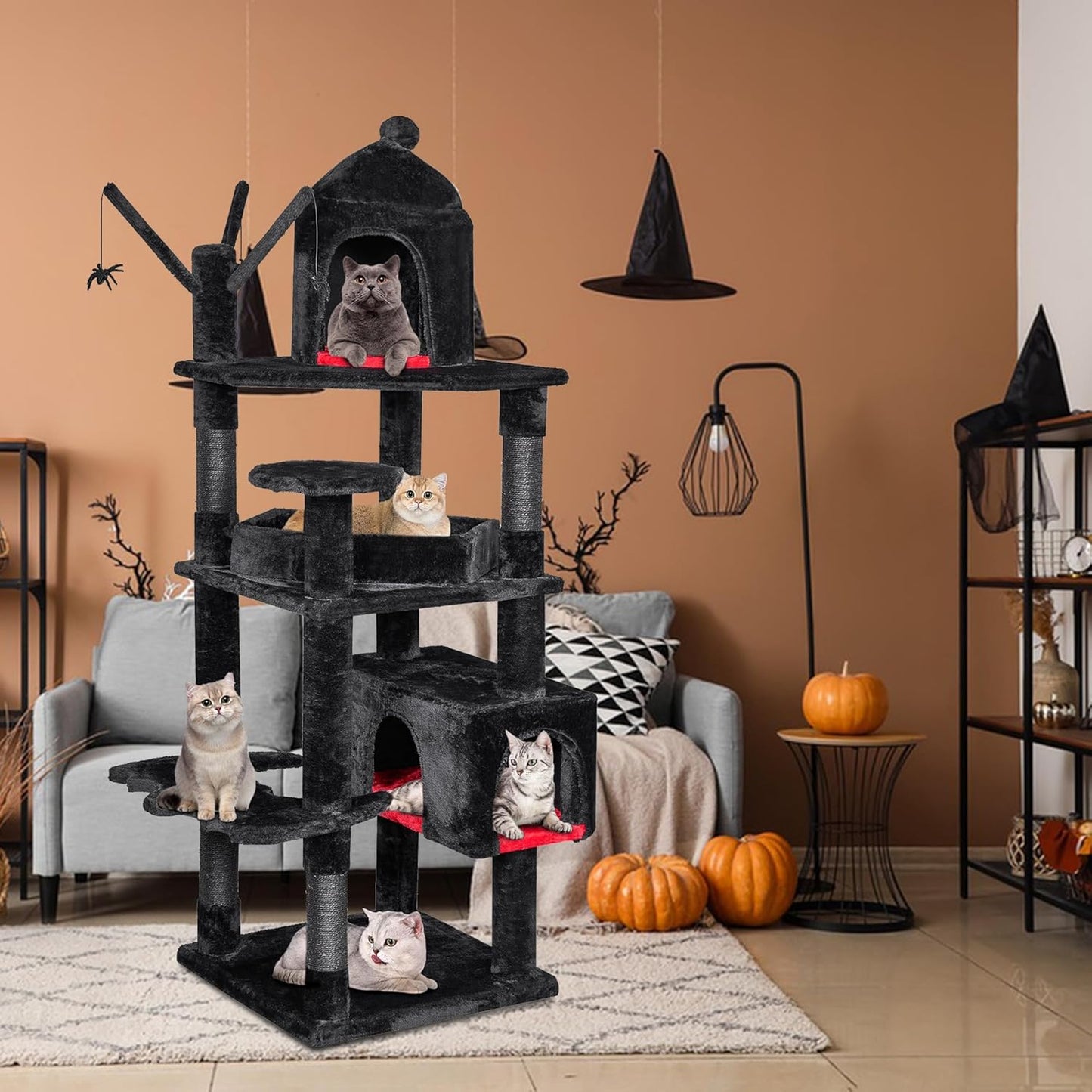 BEWISHOME Heavy Duty Cat Tree, 63 in Large Cat Trees Gothic Cat Tower with Coffin Bed, Cat Houses with Scratching Posts for Large Cats 20 lbs+, Tall cat Condos, Black & Red MMJ96R
