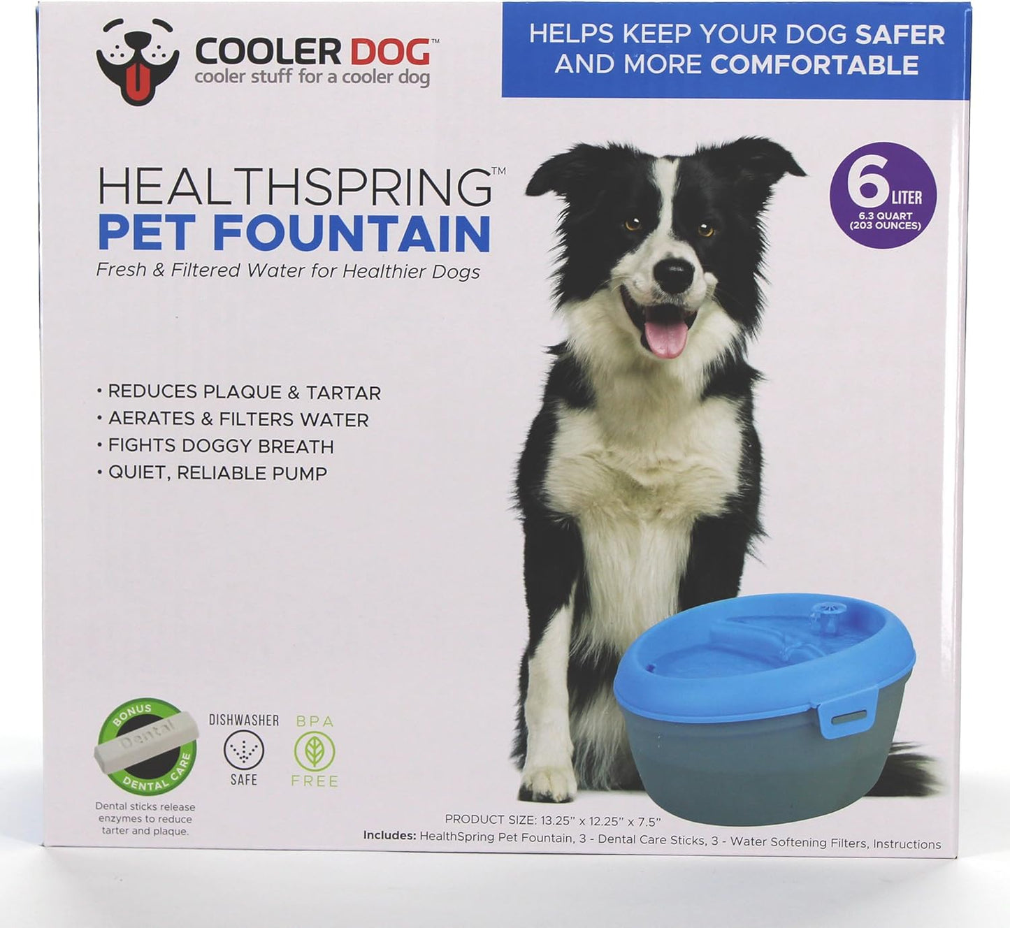 CoolerDog HealthSpring 6L Pet Water Fountain – Ultra Quiet Filtered Dog & Cat Water Fountain with 3-Stage Filtration & Dental Care System (203 oz / 1.6 Gal)