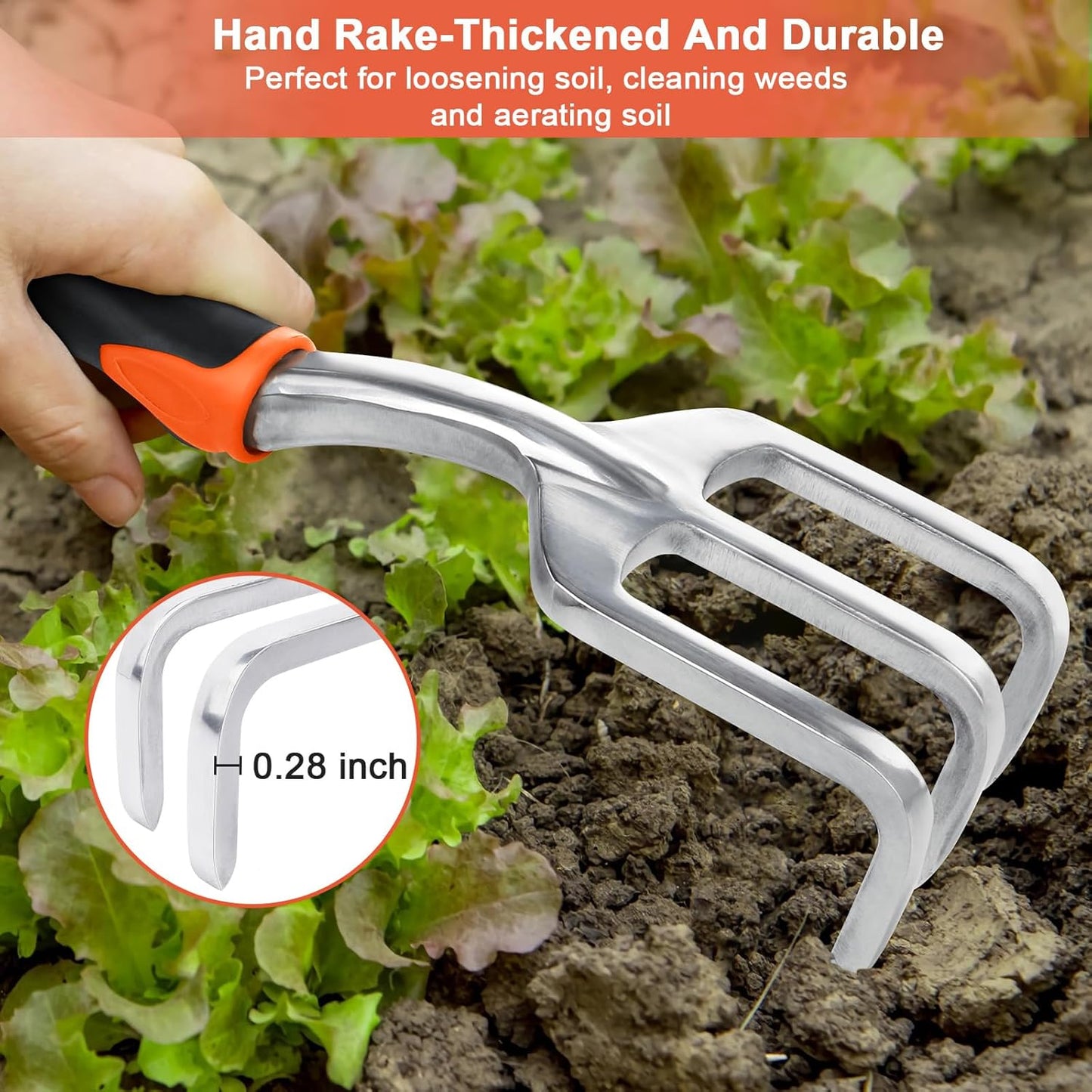 Garden Tools Set, 3 Pack Heavy Duty Gardening Tools Set Include Garden Shovel, Transplant Trowel and Hand Rake with Ergonomic Handle, Aluminum Alloy Lawn for Planting, Orange