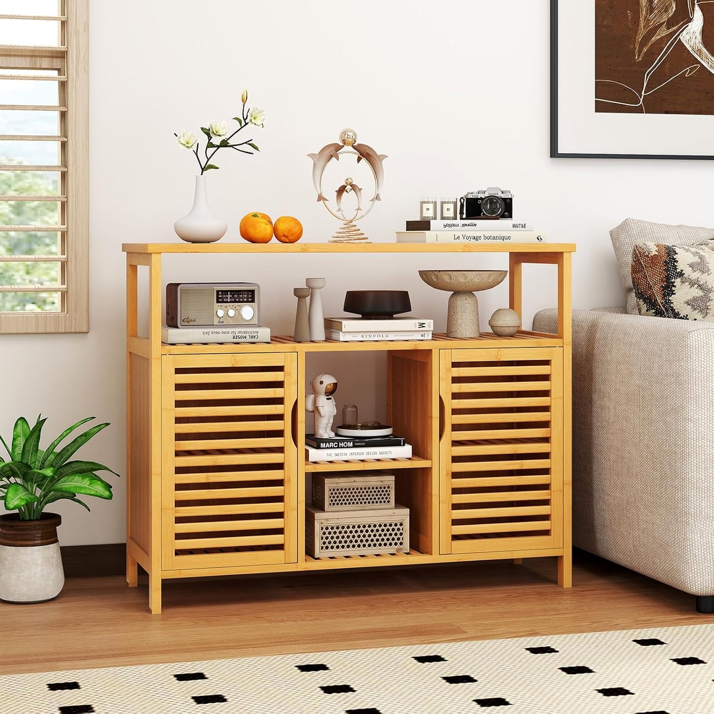 Giantex Bamboo Bathroom Storage Cabinet, 2-Door Storage Organizer with Shelves, Freestanding Floor Cabinet, Slatted Bamboo Home Furniture for Living Room Entryway Kitchen Dining Room, Natural
