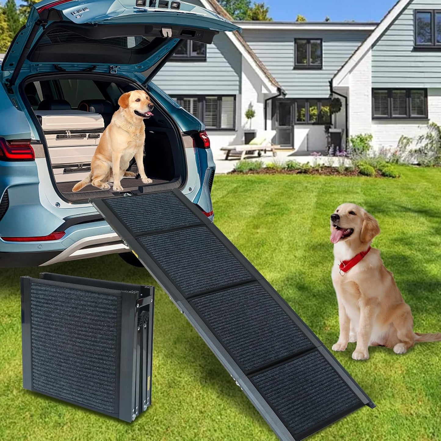 PawStep 63” x 17” Foldable Aluminum Dog Ramp – 63-Inch Length for Standard Cars & SUVs, 250 lb Capacity, Lightweight Four-Fold Portable Pet Ramp (51014)