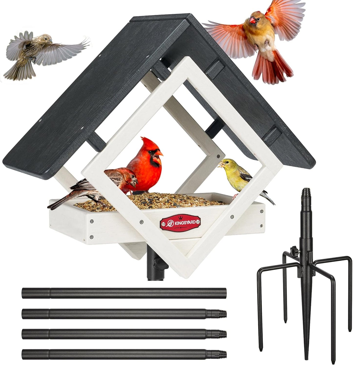 Kingsyard Large Platform Bird Feeder with Metal Mesh Tray, Pole Mount Adjustable Bird Feeders with Weather Protective Top, 4 lbs Seed Capacity, White