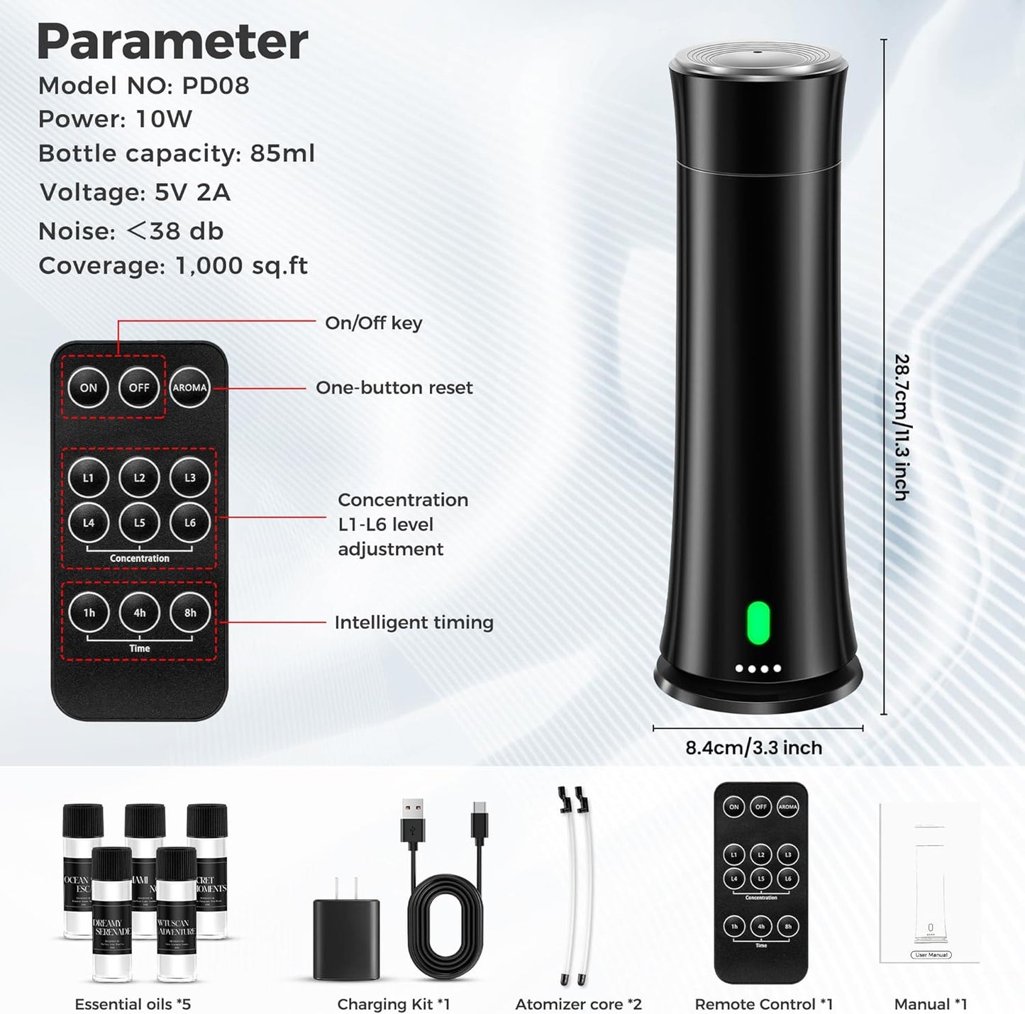 Hotel Scent Diffuser Starter Kit - 1500 Sq Ft Coverage, Hotel Scents Collection, Suitable for Waterless Diffuser Large Room, Contains Five Aromatherapy Essential Oils, Remote Control, Black
