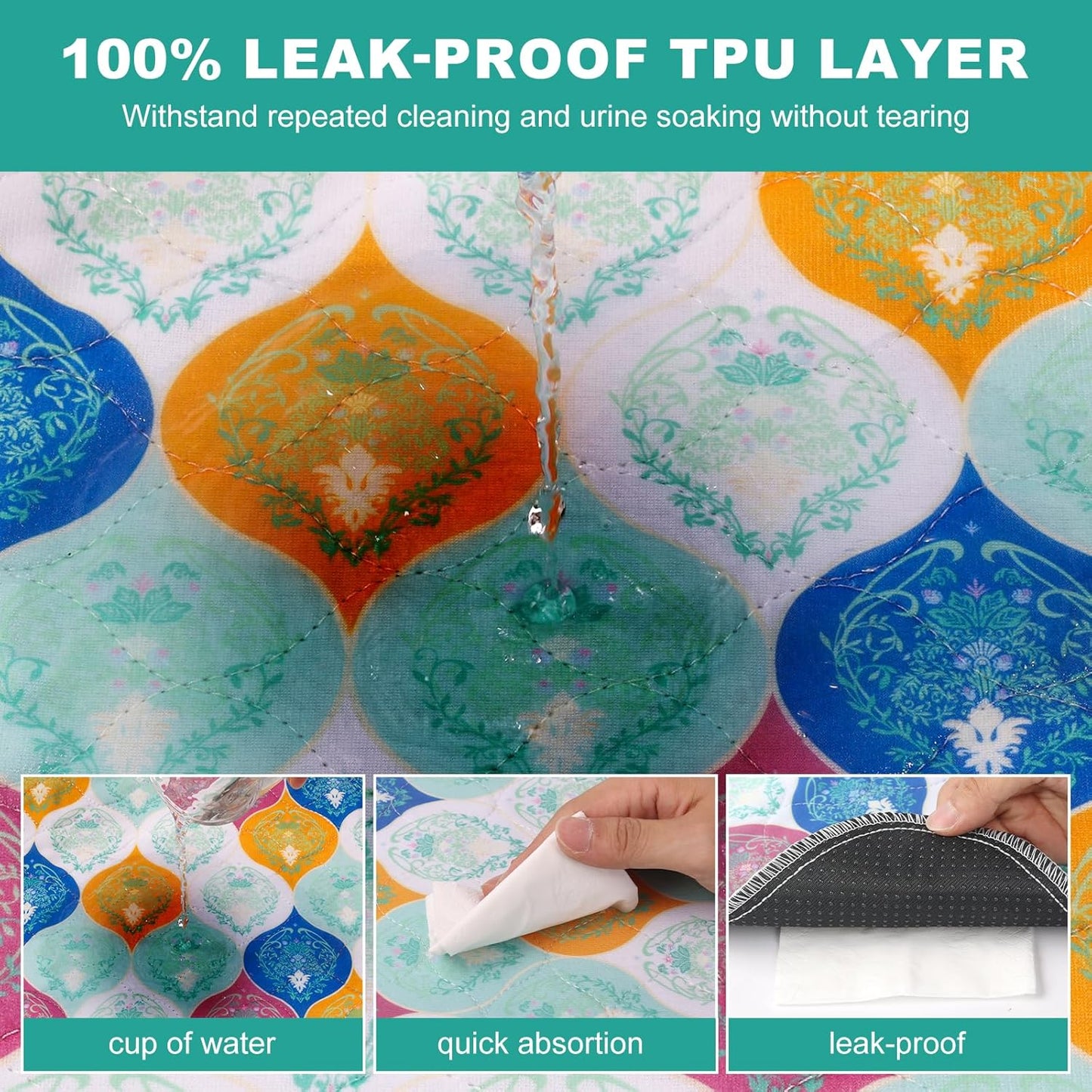 Washable Pee Pads for Dogs, Stylish Absorbent Reusable Training Dog Pads, Non-Slip and Leak-Proof Puppy Pads, Potty Pads for Crates, Whelping, Playpen, Bed and Floors, Bohemian Pattern 4 Pack 18" x24"
