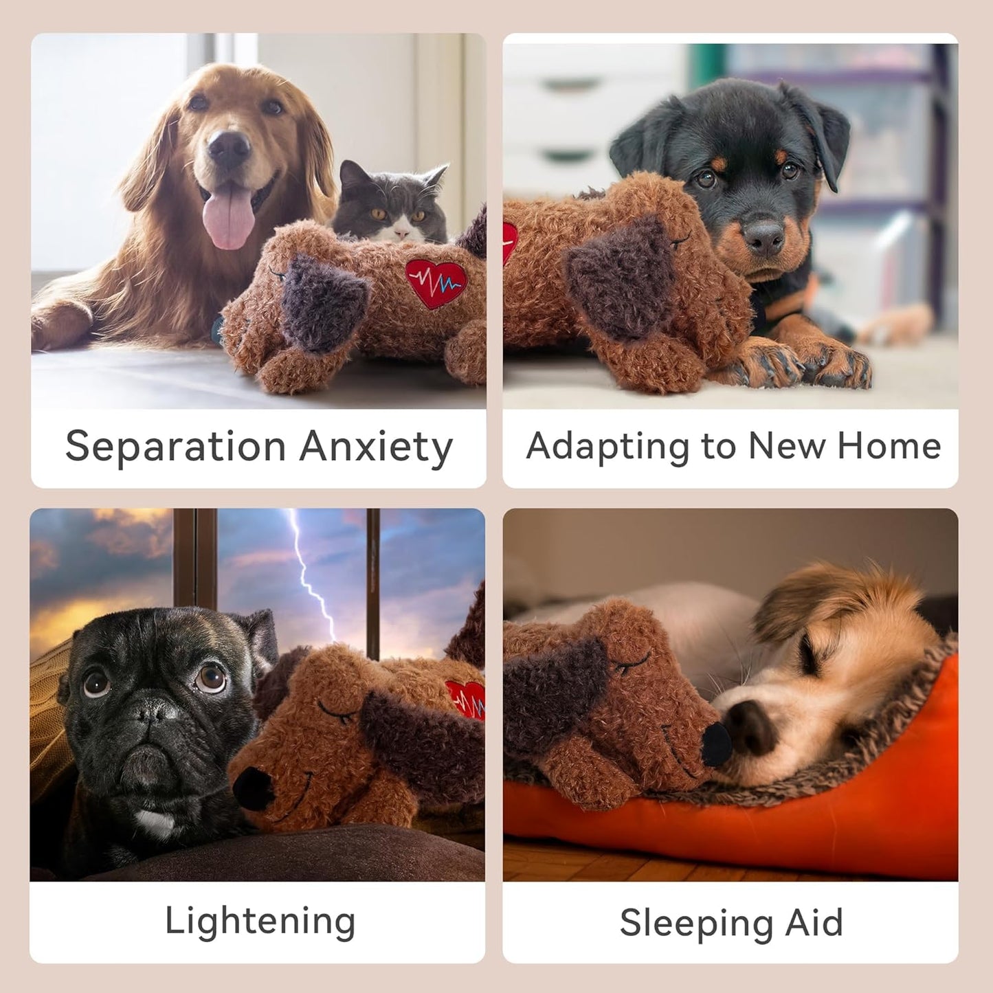 ALL FOR PAWS Heartbeat Dog Toy for Puppy, Snuggling Plush Toy for Dogs Anxiety Relief & Sleep Aid, Stuffed Dogs Toy for Puppy Behavioral Training, Brown Dog