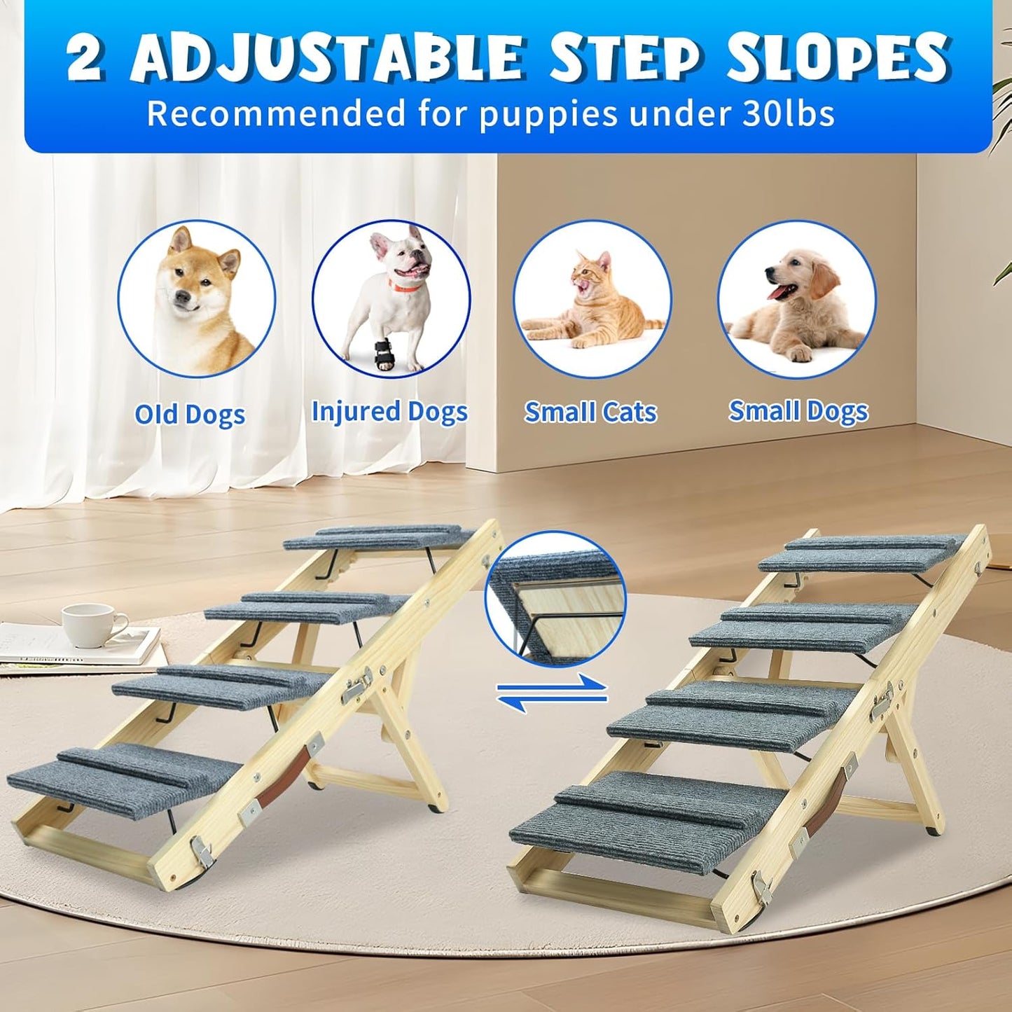 TNELTUEB Dog Ramp, 2-in-1 Dog Stairs for Small Dogs, 32.6" Long, Adjustable 8.5"-18" Pet Ramp with Non-Slip Traction Mat, Folding Portable Wooden Dog Steps for Bed, Couch, Car, Rated for 30 LBS (Grey)