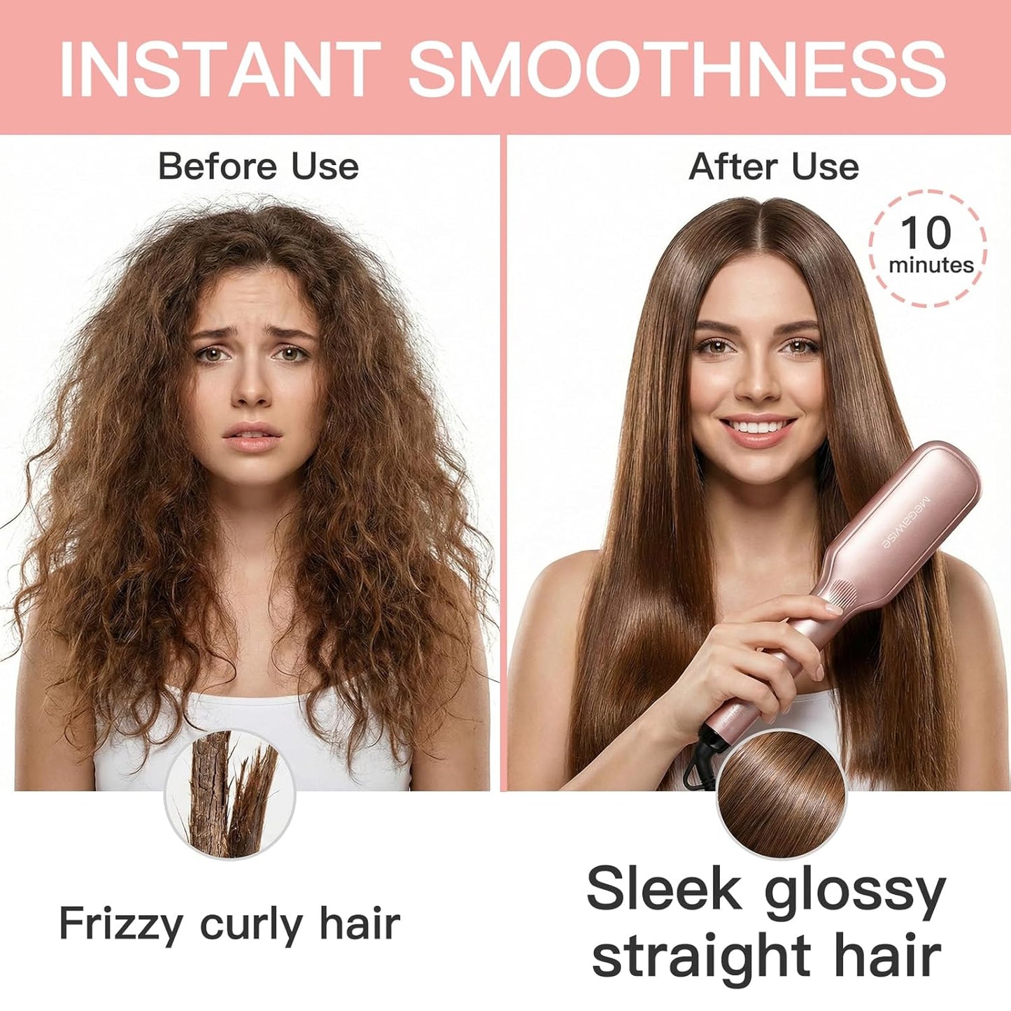 MEGAWISE Pro Ceramic Ionic Hair Straightener Brush for Home Salon | MCH Fast 20s Heating Tech with Auto-Off Safety | Anti-Scald with Universal Dual Voltage | Rotatable Power Cord