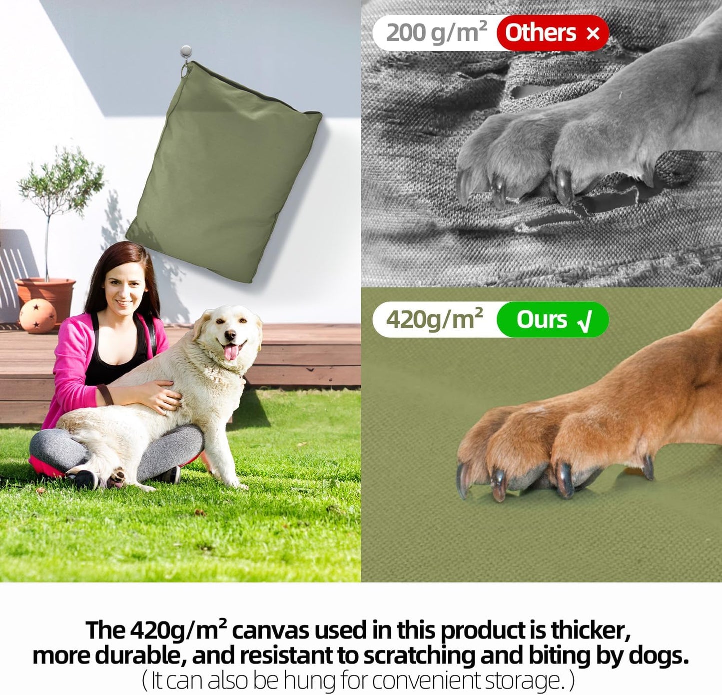 Sytopia 30 Inch Canvas Indestructible Outdoor Dog Bed for Medium Dogs, Chew Proof Dog Bed with Waterproof Washable Removable Cover, Indoor Patio Pet Pad for Crate, Green