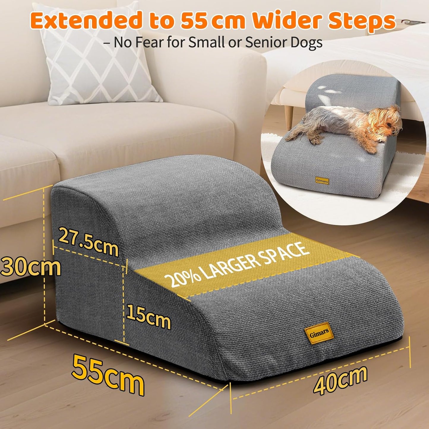 Gimars Upgraded 55CM Long Wide Steps 2 Step Dog Stairs for Small, Medium & Senior Dogs, 30CM High Ramp with 33D High-Density Foam, Linen Cover, Non-Slip Base, Supports 30KG, for Bed & Sofa