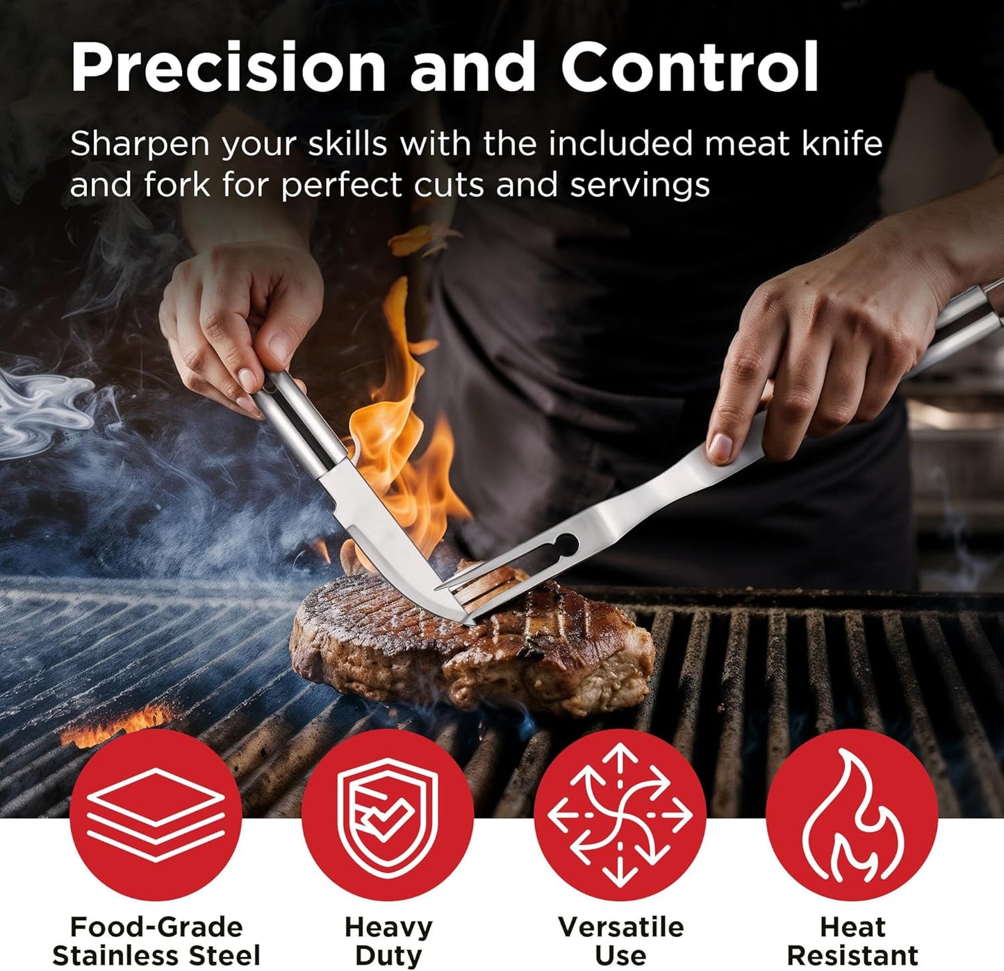 Kaluns Grilling Accessories, Dad Gifts for Fathers Day, Heavy Duty Stainless Steel Grill Set BBQ Grill Accessories for Outdoor Grill with Meat Thermometer, Case and Apron