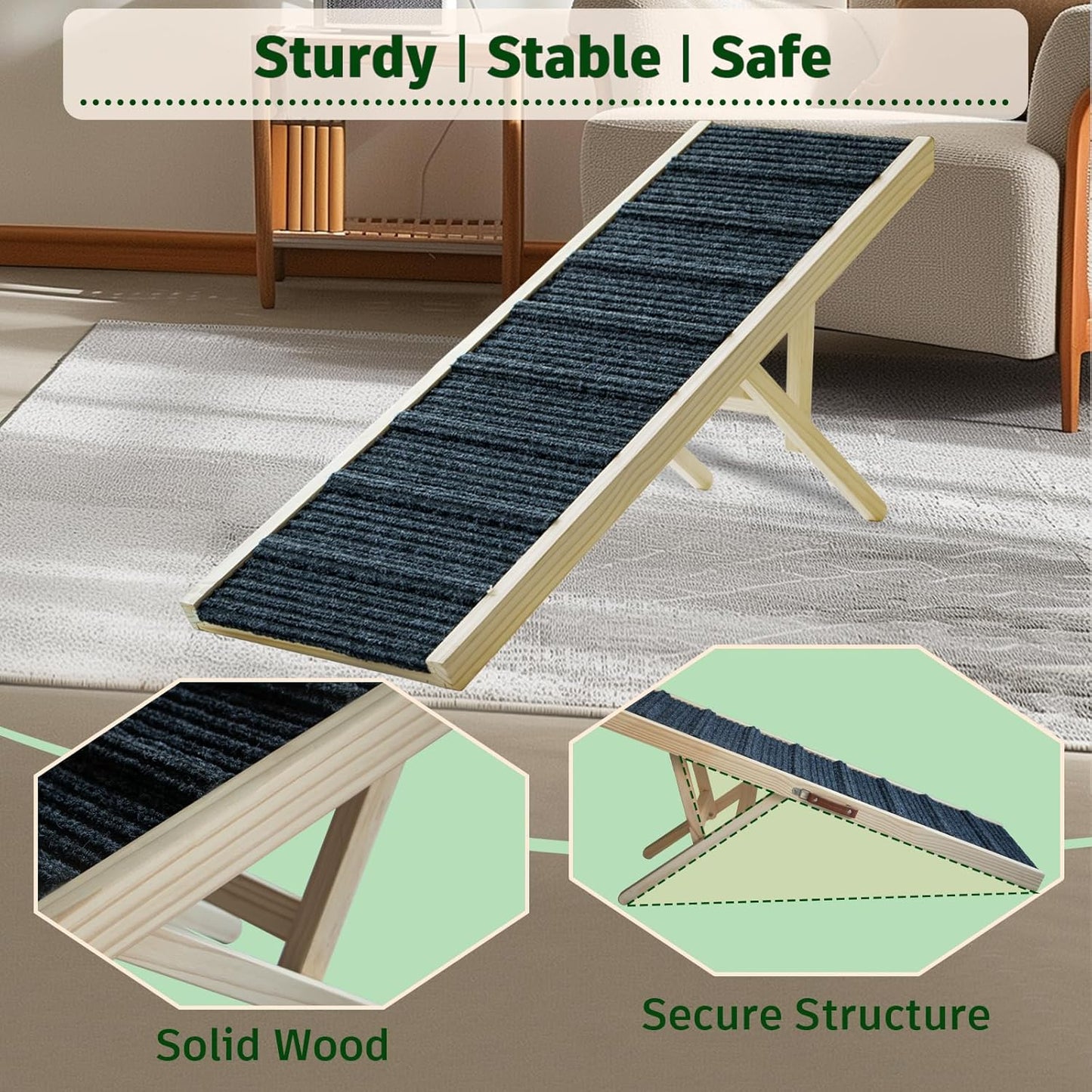 Dog Ramp for Bed, 43.5" Long Wooden Foldable Dog Ramp, 6 Adjustable Heights from 14" to 26" with Anti-Slip Traction Mat, Portable Pet Ramp for Car, Bed, Couch, Max 200lbs - 43.5inch