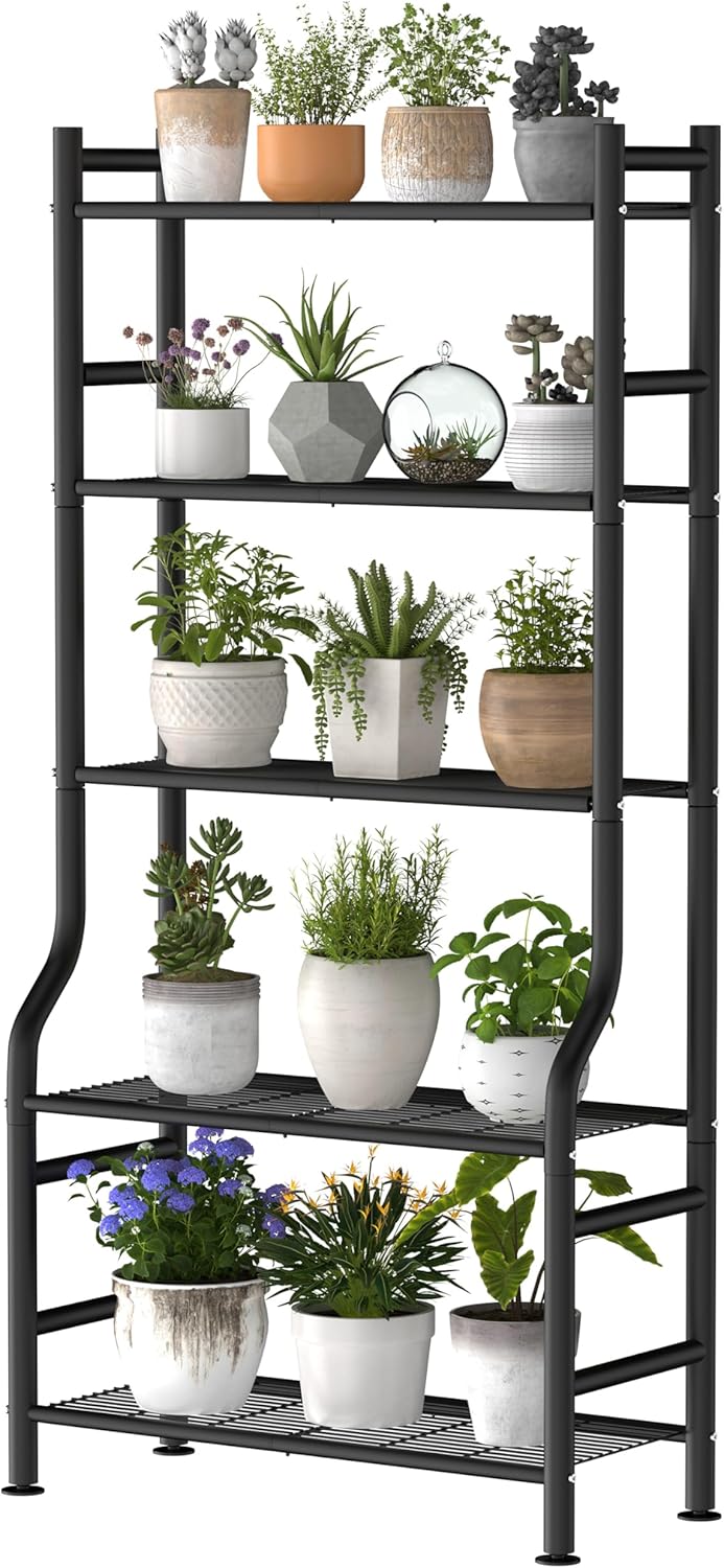 5-Tier Plant Stand Indoor Outdoor, 64" Tall Metal Ladder Shelf for Multiple Flower Pot Holder, Waterproof Corner Garden Rack for Balcony Living Room, Black