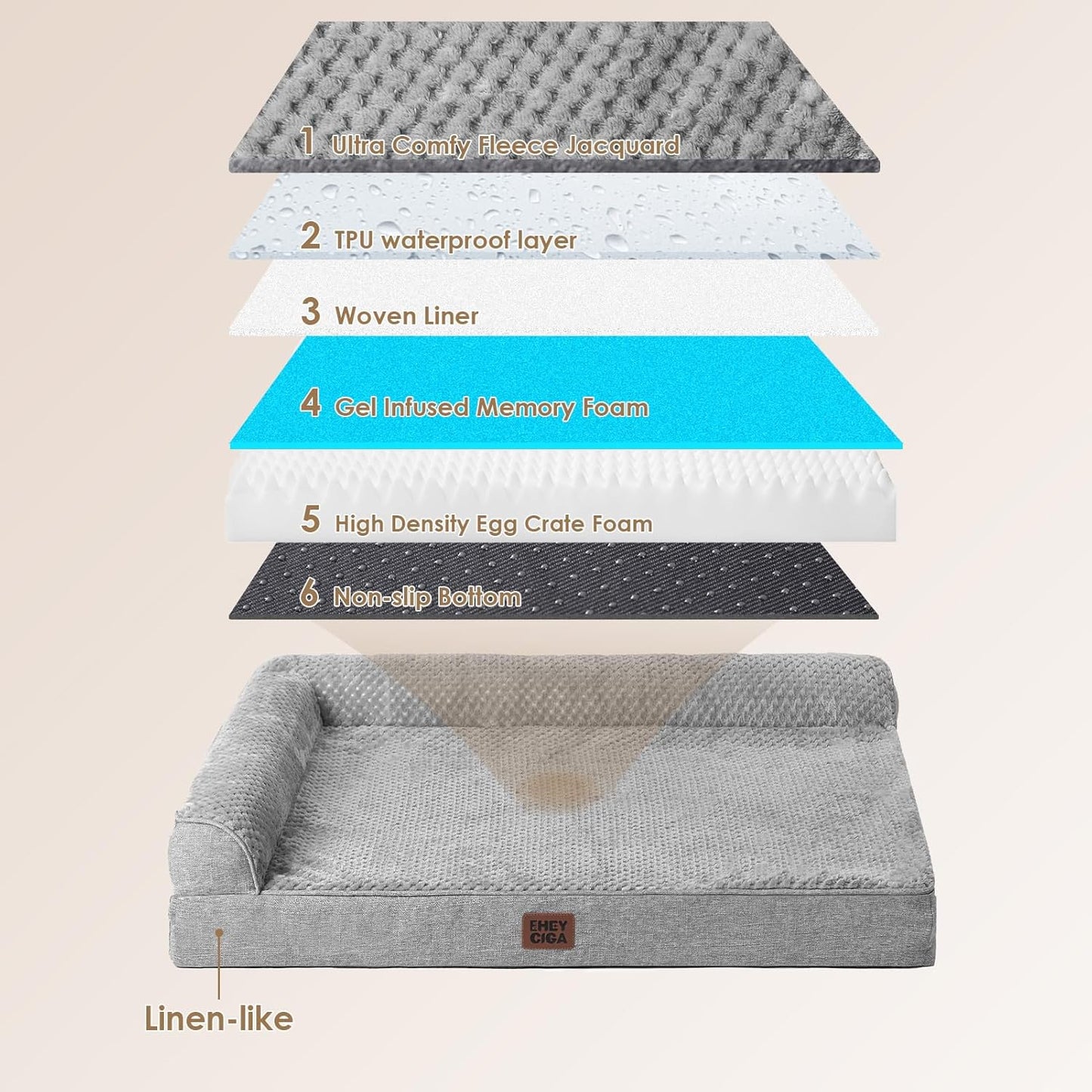 EHEYCIGA Extra Large Dog Bed Othorpedic 44x32x6.5, Memory Foam XL Dog Bed with Washable Removable Cover, Waterproof Pet Sofa Couch XLarge Size Dogs with Nonskid Bottom, Grey