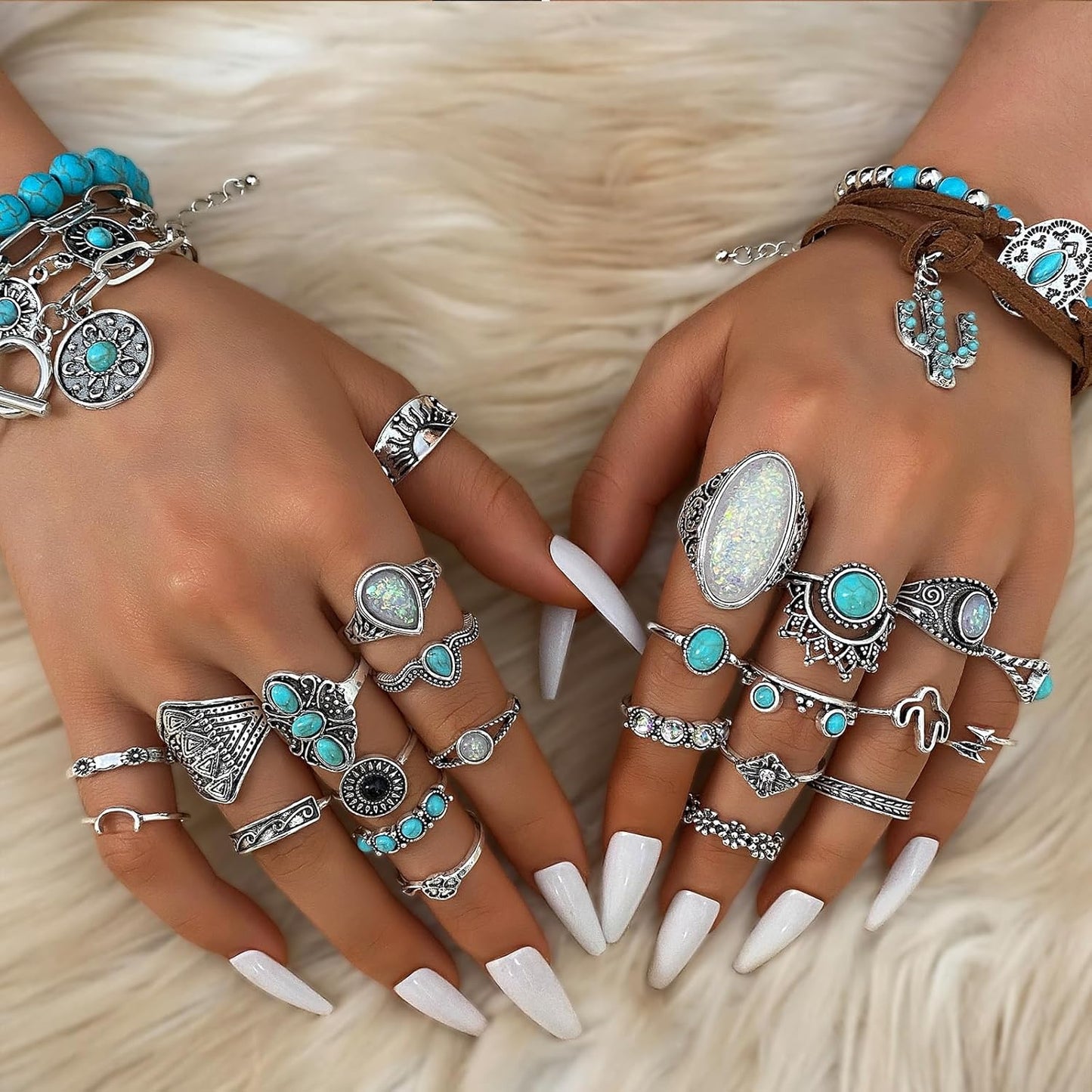 IFKM Bohemian Jewelry Set With Turquoise Necklace, Dangle Earrings, Stackable Bangle Bracelets, Knuckle Rings For Women Vintage Western Boho Turquoise Anniversary Birthday Friendship Gift