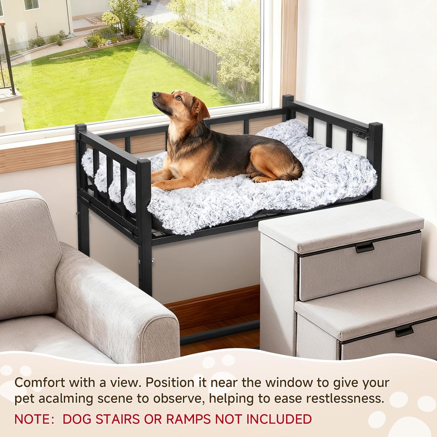 Beside Dog Bed and Mattress Set - Metal Three-Sided Fence Pet Dogs Bed Frame, Adjustable Height Dogs Bed Extension Attachment for Human Bed, for Small/Medium Puppy(25.5''L x 17.7''W)
