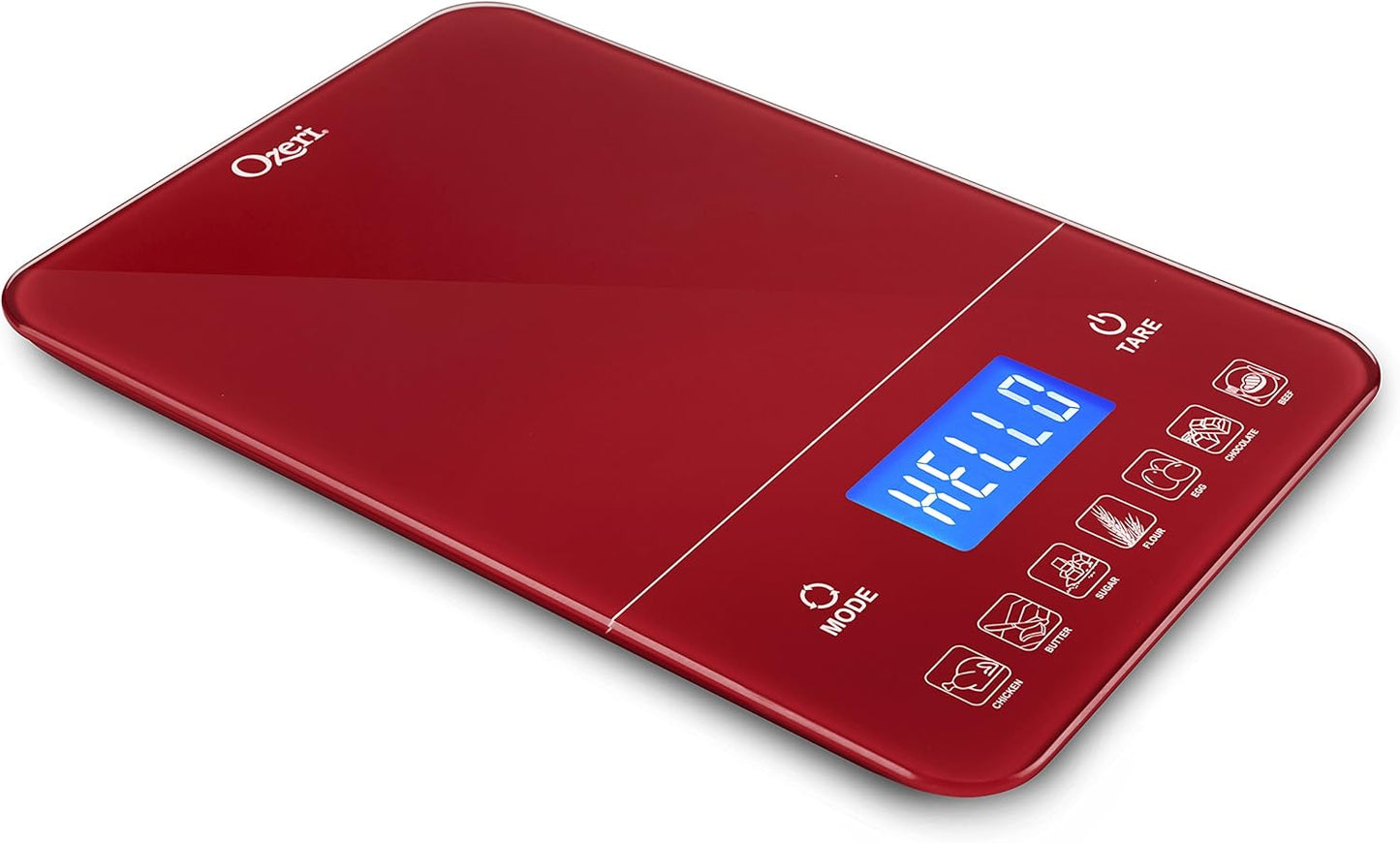 Ozeri Touch III 22 lb (10 kg) Digital Kitchen Scale with Calorie Counter in Tempered Glass, Red Engine