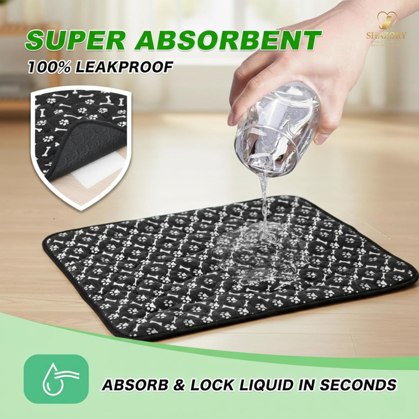 SHAZORY Upgraded Washable Pee Pads for Dogs and Cats - Super Absorbent Reusable Puppy Training Pads - 100% Waterproof, Leak-Proof & Non-Slip Whelping Pads for Pet Housebreaking