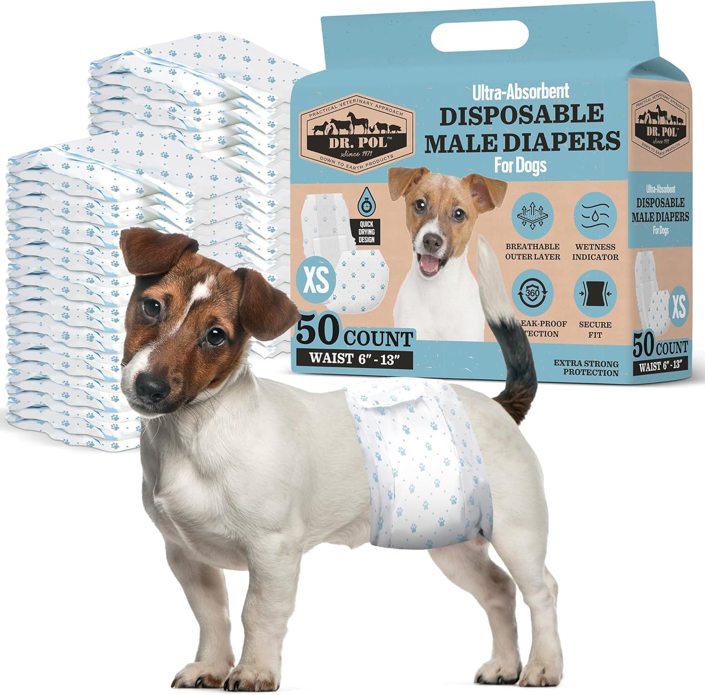 Dr Pol Dog Diapers for Male Dogs | Disposable Pet Diapers with Wetness Indicators | Adjustable Fit | Leak Protection & Super Absorbent | Perfect for Heat Cycles & Training Accidents | Pack of 50