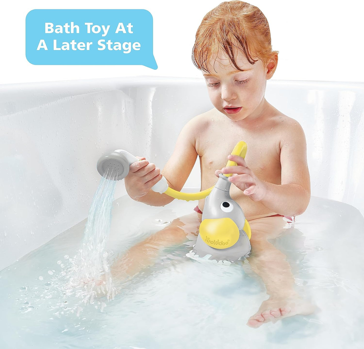 Yookidoo Baby Bath Shower Head - Elephant Water Pump and Trunk Spout Sprayer and Rinser-Control Water Flow from 2 Knobs Baby Bath Time Essentials for Newborn Babies in Tub Or Sink (Yellow)