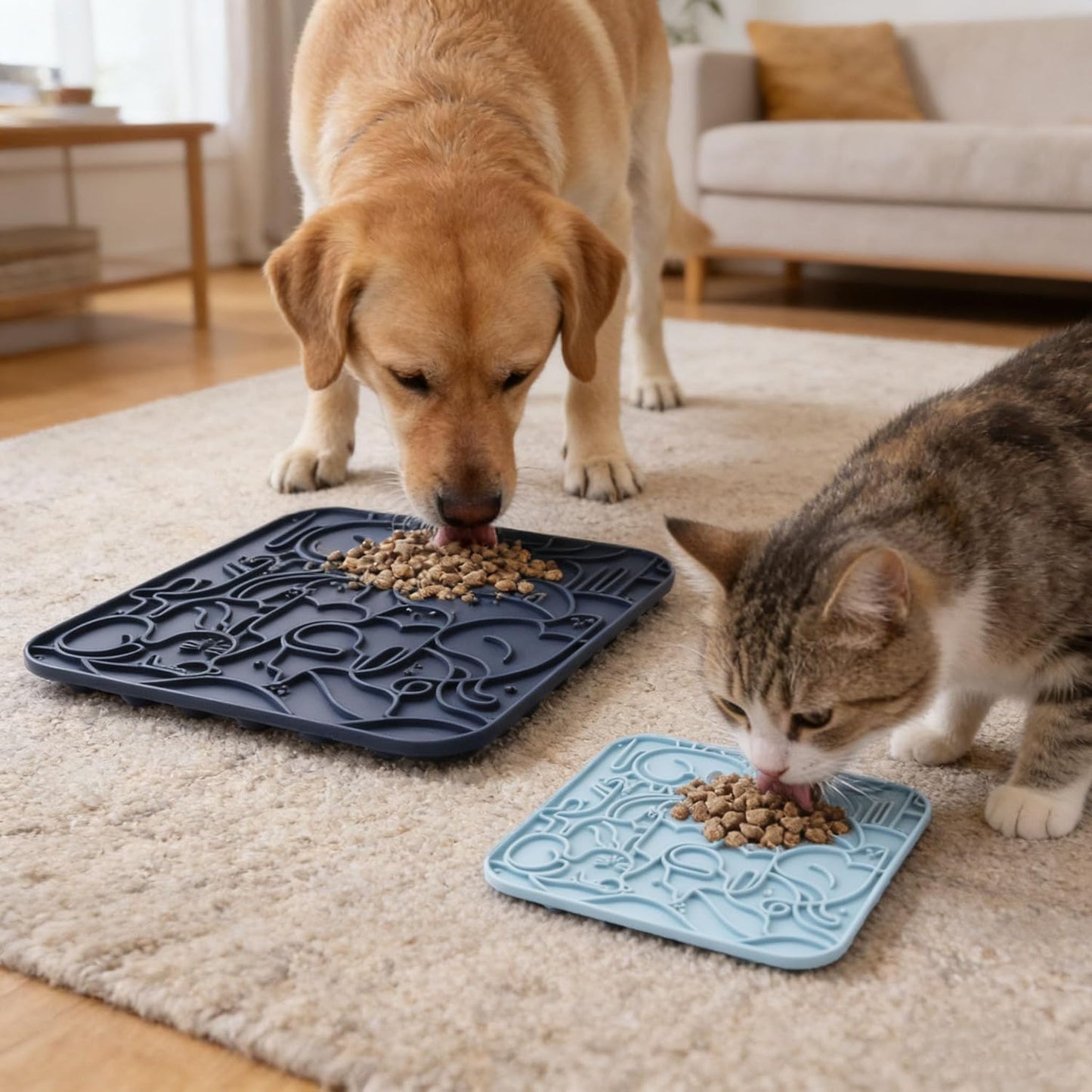 VI-FA Silicone Pet Slow Feeder Mat, Interactive Puzzle Feeding Mat with Cute Animal Pattern, Non-Slip Slow Eating Bowl for Dogs and Cats to Prevent Bloat and Choking(Deep Blue+Light Blue)