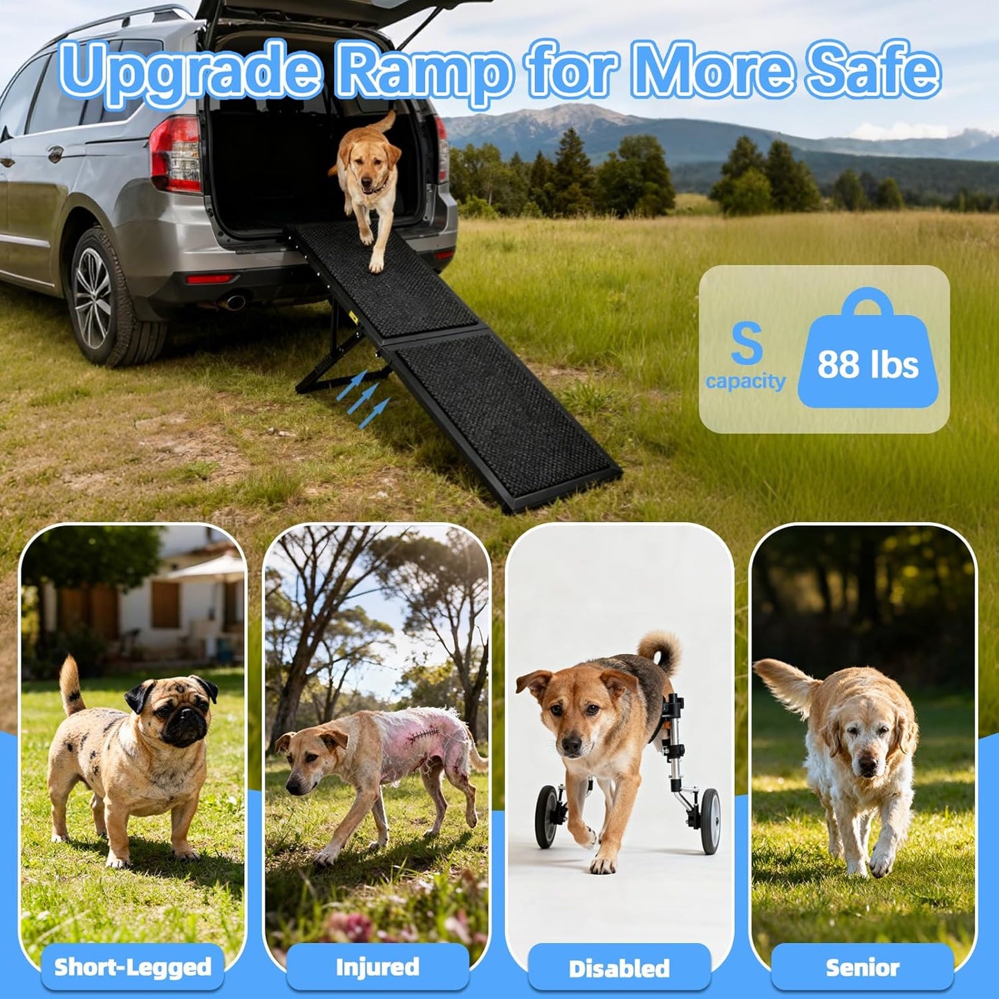 Dog Ramp for Car,33.2"x 12.8" Dog Stairs for Large Dogs with Anti-Slip Surface,Large Folding Pet Stairs for SUV,Truck with Adjustable Height,Outdoor Portable Wide Dog Steps up to 88LBS