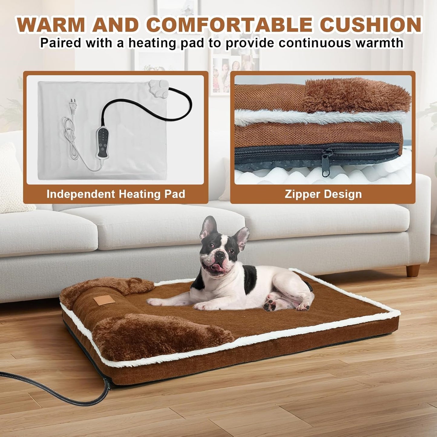 Heated Dog Bed, 30×20 Inch Memory Foam Pet Bed, Orthopedic Dog Bed with Timing Nine Gears Smart Switch for Small and Medium Dogs Soft, Removable Cotton Sleeve