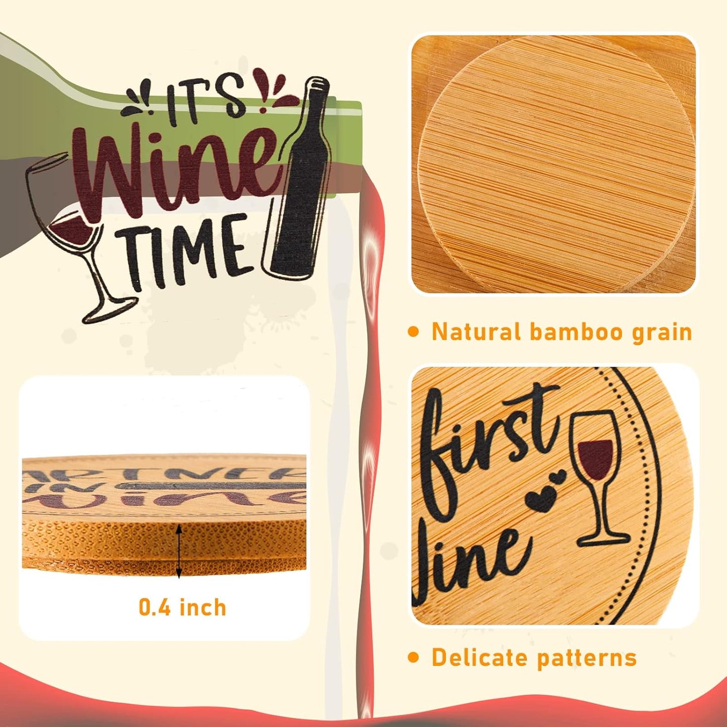 Tessco for you 8 Pcs Wine Glass Covers Funny Wood Charcuterie Drinking Glass Covers to Keep Bugs out Bamboo Water Toppers Keeps Debris out for Outdoor Party Wine Housewarming Gifts (Fresh)