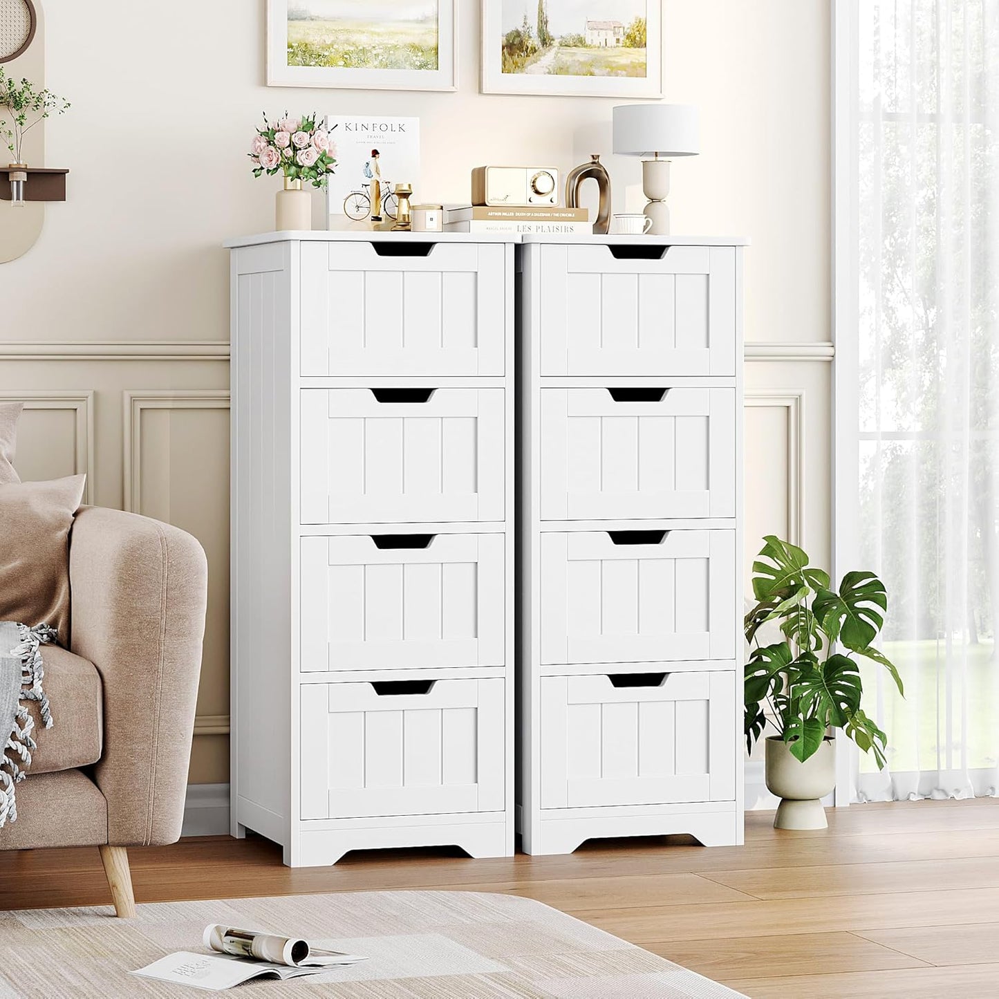 FOTOSOK Bathroom Storage Cabinet, Bathroom Cabinet with 4 Drawers, 11.8” x 11.8” x 32.5” Freestanding Entryway Cupboard Storage Organizer Unit Home Furniture Decor, White