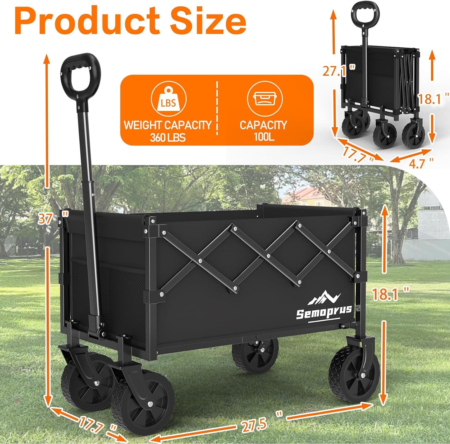 Wagons Carts Foldable, 360LBS Folding Utility Heavy Duty Wagon Cart with Wheels, 100L Portable Utility Outdoor Wagon for Shopping, Beach, Camping, Sports, Garden