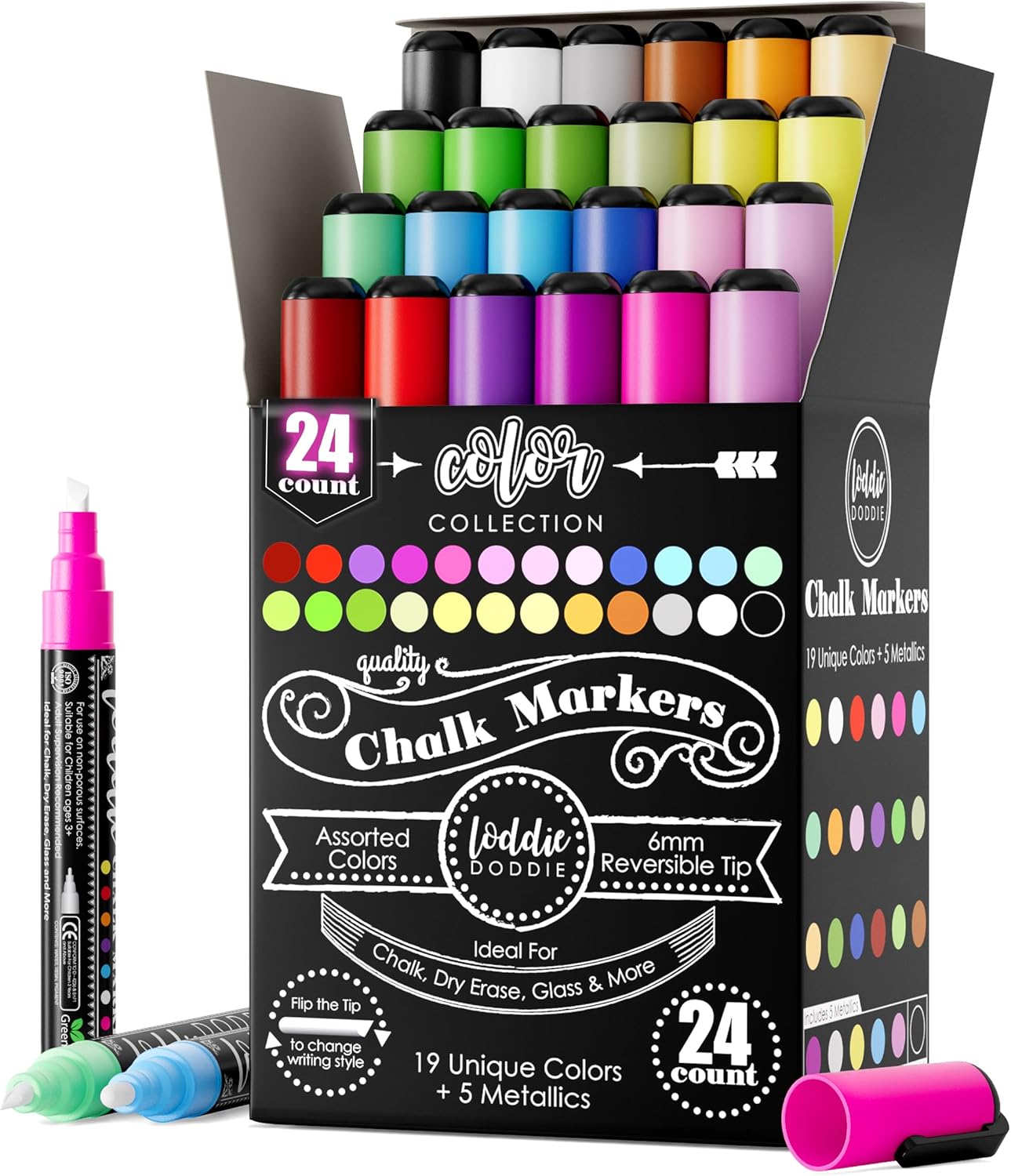 Loddie Doddie Chalk Markers - Pack of 24, 6mm Reversible Tips - Liquid Chalk Pens for Glass & Windows - Dry Erase Chalkboard Markers for Blackboard & Calendars - Non-Toxic Pens for Art & Decor