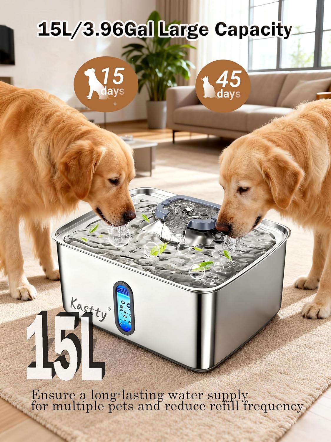 Kastty 3.96 Gal Dog Water Fountain for Large Dogs,15L Stainless Steel Large Pet Water Fountain, Ultra Quiet Automatic Dog Water Bowl Dispenser with Water Level Window and LED Light(FS78,Grey