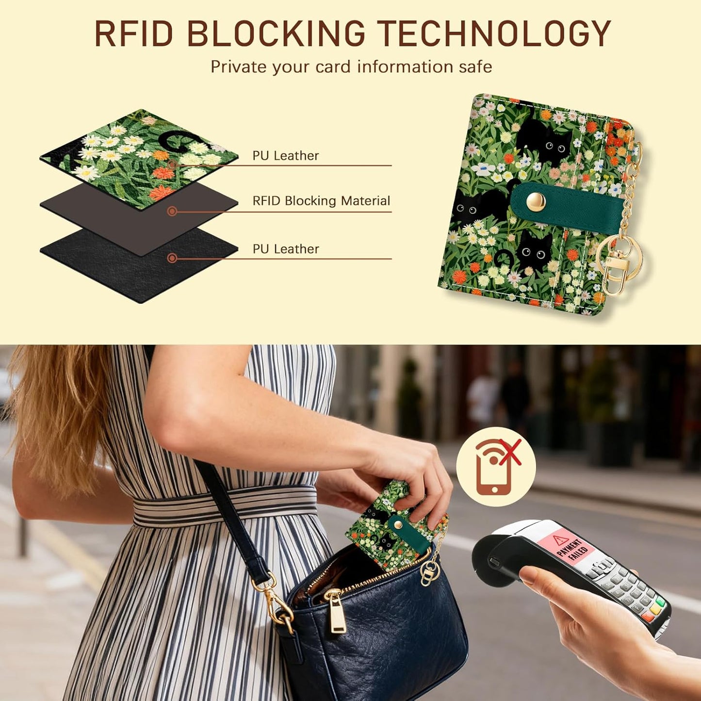 Black Cat Floral Rfid Women Wallet, Small Slim Thin Credit Card Wallet, PU Leather Bifold Cash Zipper Coin Pocket ID Window for Female Ladies Teen Girls Girly