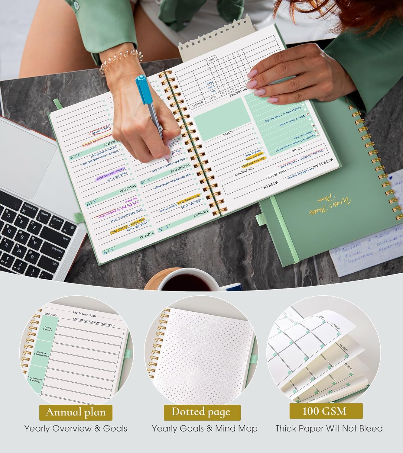 Undated Weekly and Monthly Planner, B5 Large Weekly To Do List Notebook with Goal & Habit Tracker Organizer, Hardcover Spiral Bound Blank Monthly Planner for Work School Home 7.4" x 9.64" Green