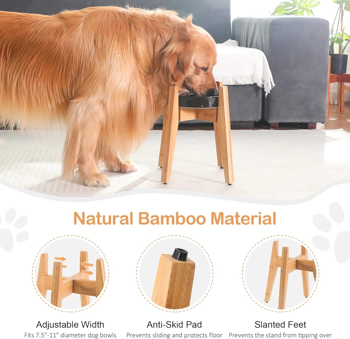 Sted Elevated Dog Bowl Stand - 100% Bamboo, Adjustable Width 7.5-11 Inches, 13" Tall, Single Raised Dog Food and Water Bowl Stand
