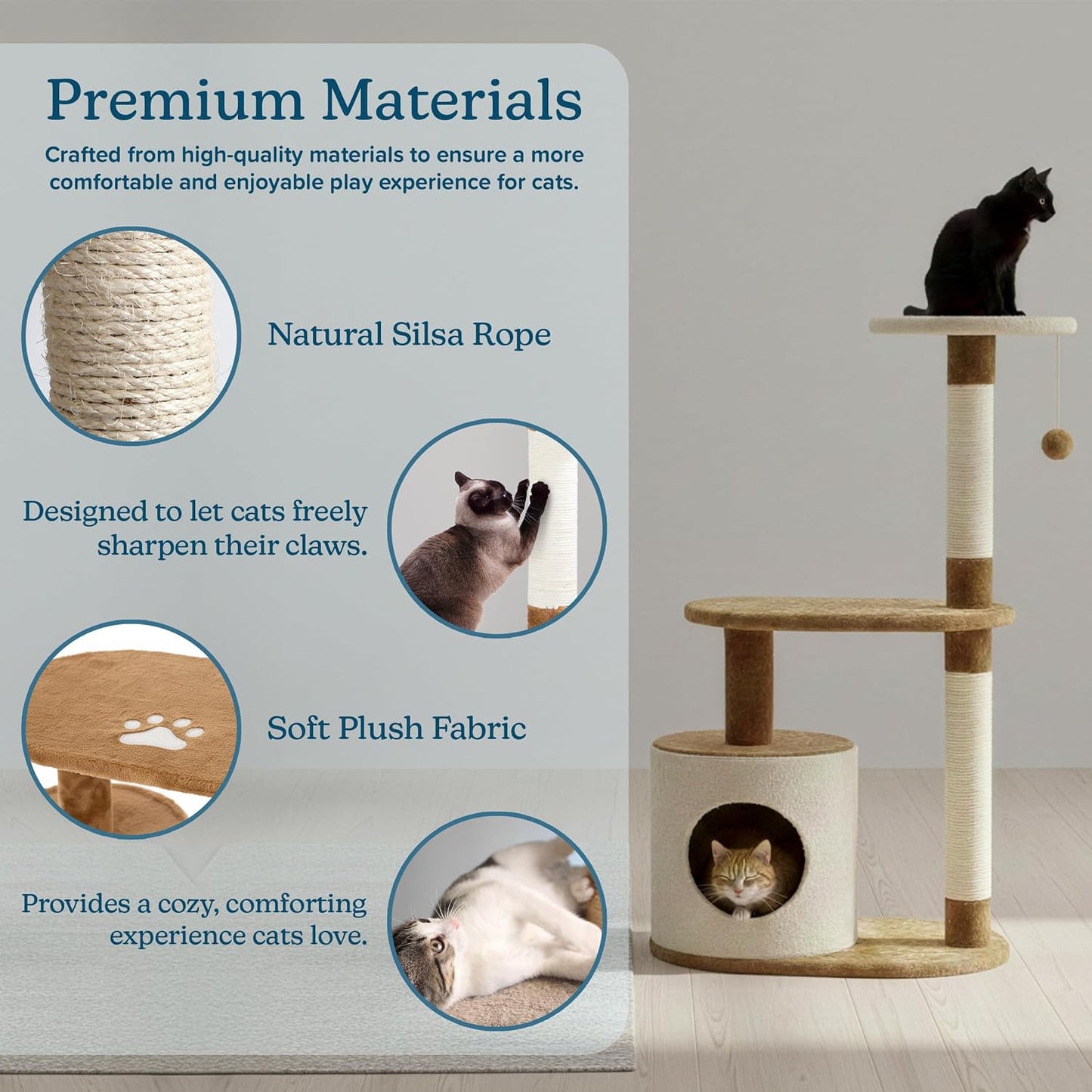 PETMAKER Cat Tree Condo 3 Tier with Condo and Scratching Posts, 37.5", Brown and Tan
