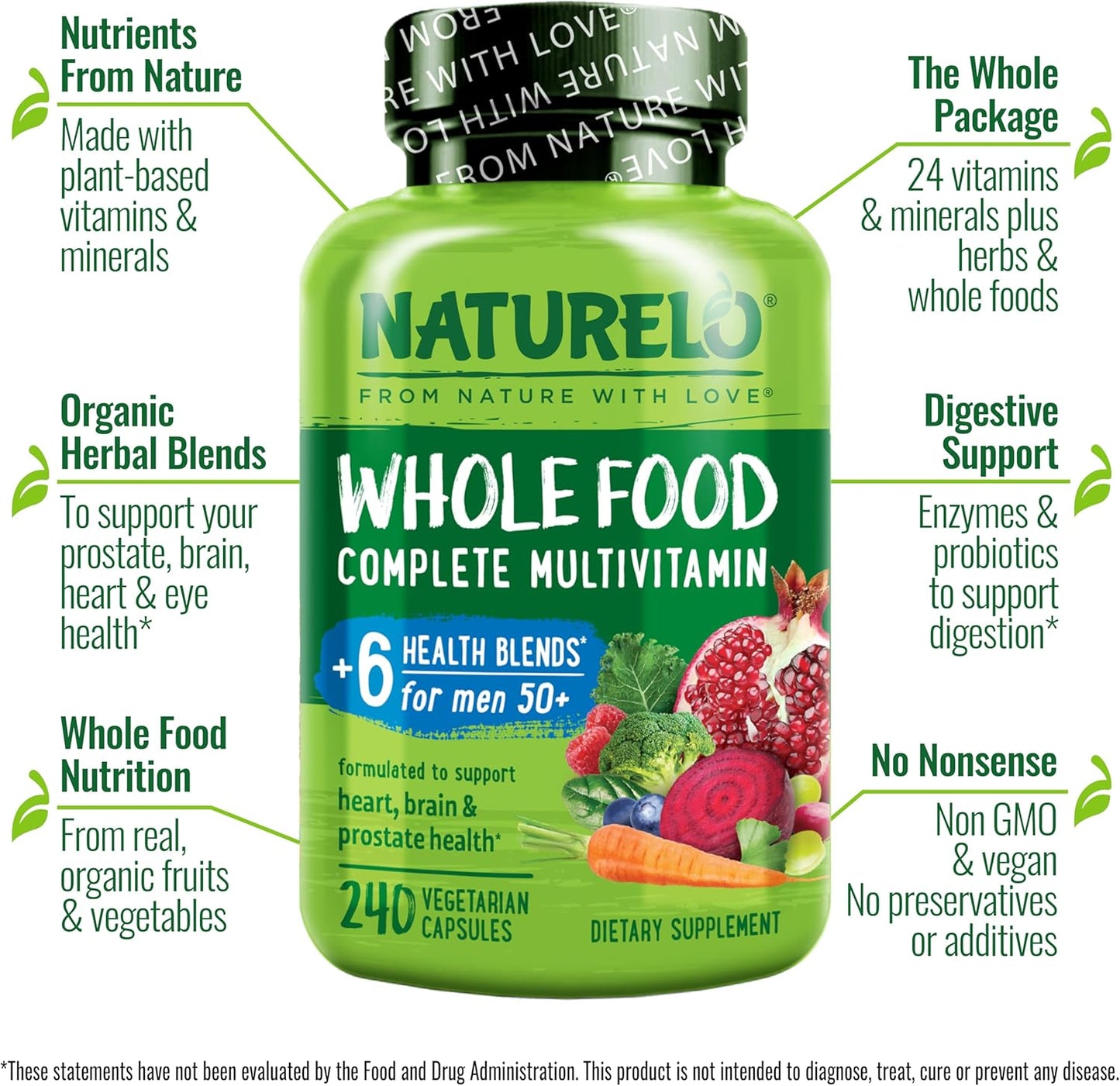 NATURELO Whole Food Multivitamin for Men 50+ - with Vitamins, Minerals, Organic Herbal Extracts - Vegan Vegetarian - for Energy, Brain, Heart and Eye Health - 240 Capsules